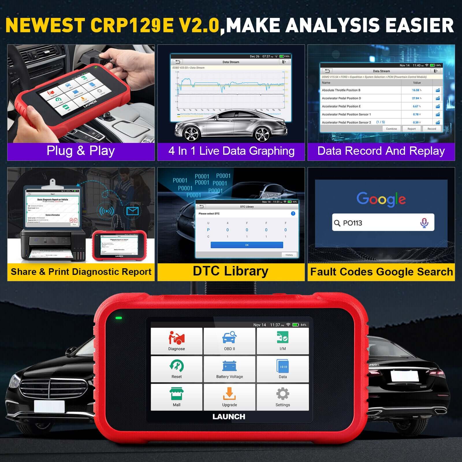 2025 LAUNCH CRP129E V2.0 Elite OBD2 Scanner - Professional Diagnostic Tool for Engine, ABS, SRS & Transmission with 12 Resets | Injector Coding, ABS Bleed, Oil/EPB/TPMS | FCA AutoAuth, Auto VIN | Free Lifetime Updates | Perfect for Mechanics & DIY Car Repair