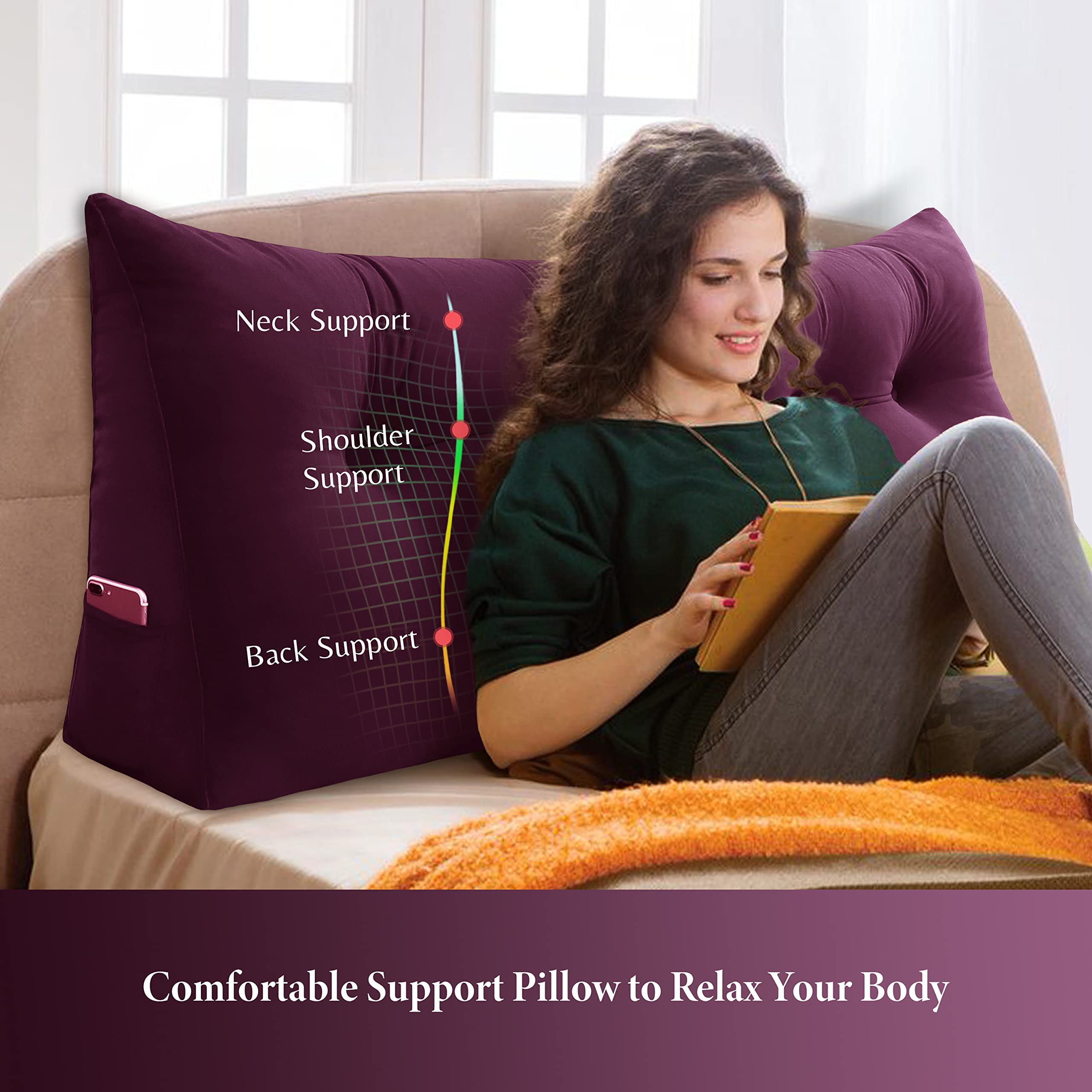 **Velvet Red California King Wedge Pillow - Large Headboard Pillow for Bed Rest, Reading & Daybed Support - Triangular Back Cushion & Bolster Gap Filler - Perfect for Lounging, Reading & Watching TV in Bed**