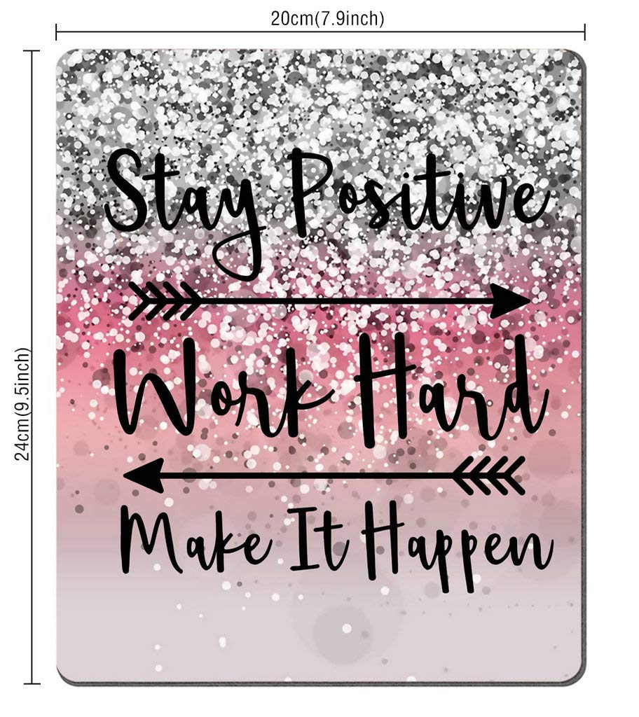 Custom Gaming Mouse Pad with Inspirational Quote - Stay Positive Work Hard and Make It Happen - Pink Glitter & Black Design - Perfect for Gamers, Office Work & Home Computer Setup