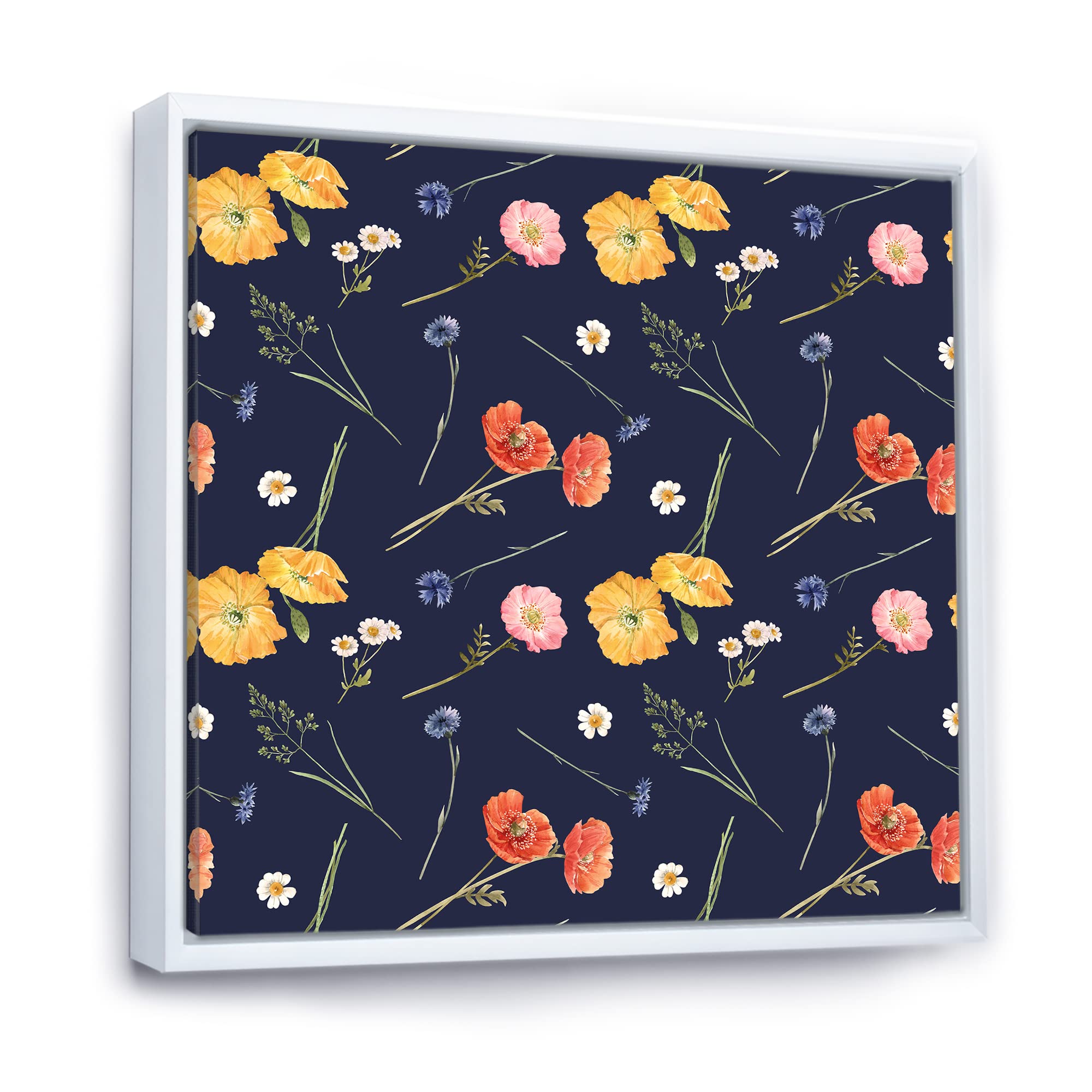 Traditional Framed Canvas Wall Art Print - Orange & Yellow Wild Flowers on Dark Blue Design | Home Decor, Living Room, Bedroom, Office Wall Art