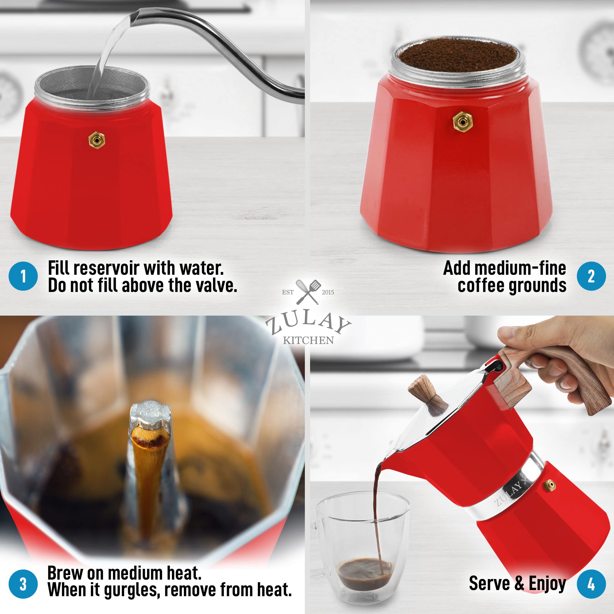 Zulay Kitchen Stovetop Espresso Maker - 6 Cup Moka Pot for Classic Cuban & Italian Coffee - Portable Percolator for Camping, Travel & Home Use - Durable Aluminum Coffee Maker (Red) - Perfect for Outdoor Adventures & Morning Brews