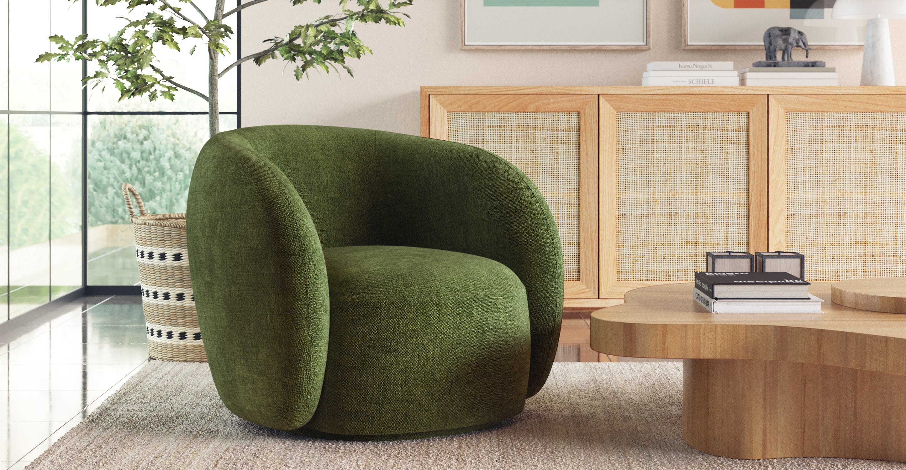 Modern Poole Swivel Lounge Chair - 360 Degree Rotating Accent Chair for Living Room, Bedroom, Office - Comfortable Upholstered Fabric Recliner with Sturdy Metal Base - Perfect for Relaxing, Reading & Lounging