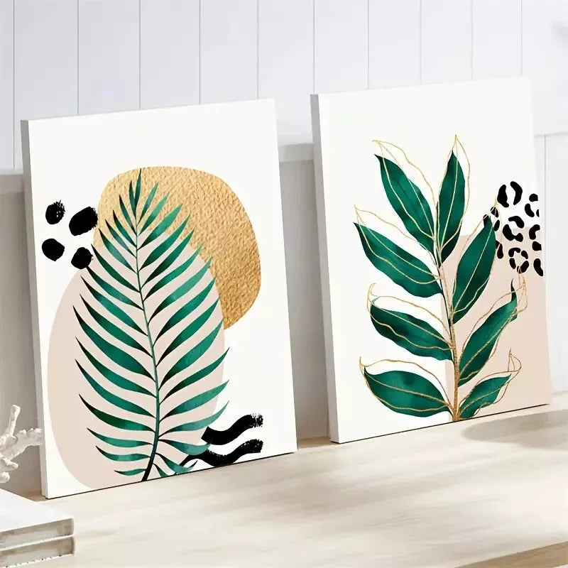 2-Piece Tropical Green Pink & Gold Leaves Framed Canvas Wall Art 50x75cm - High Quality Print, 100% Australian Made, Ready to Hang - Perfect for Living Room, Bedroom & Office Decor