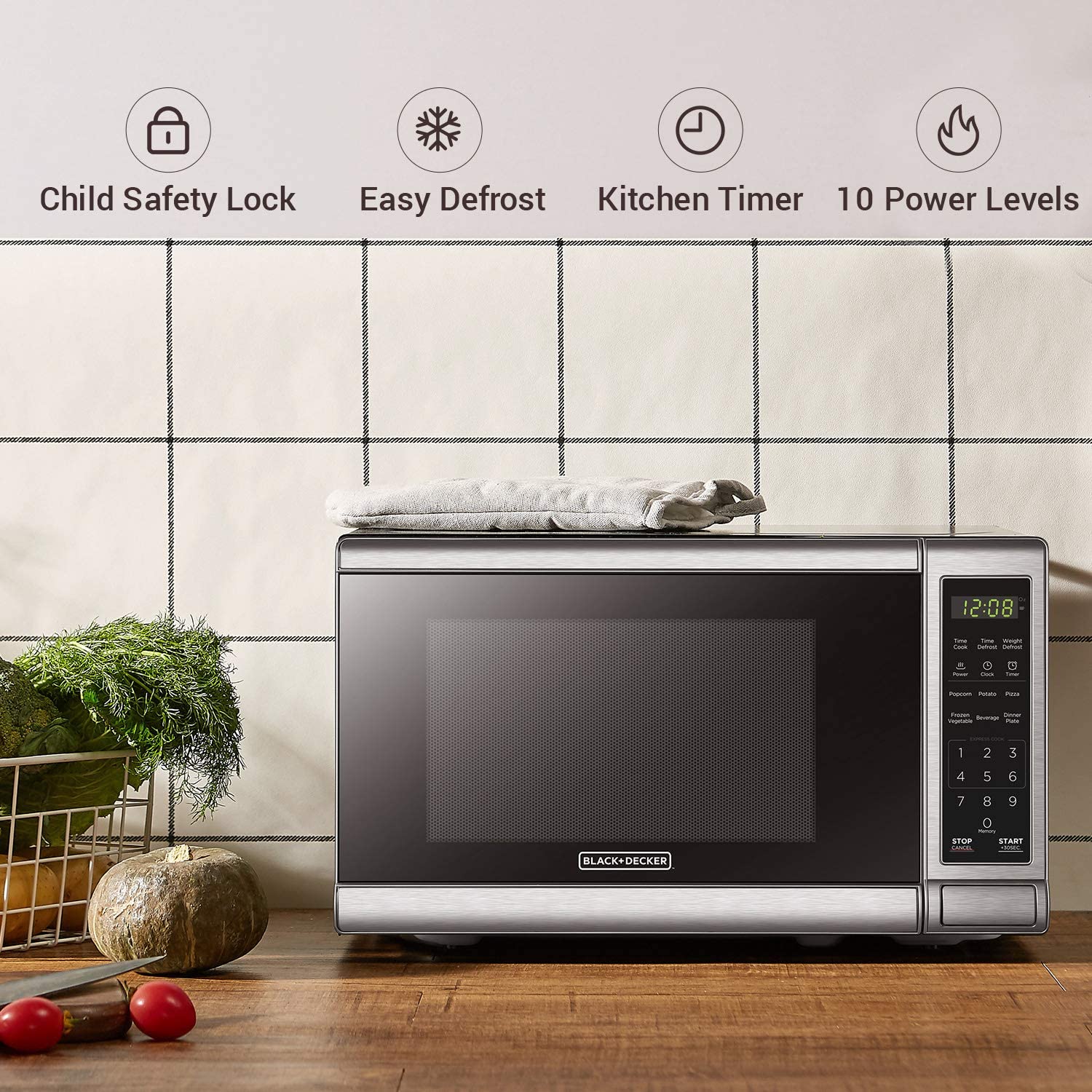 BLACK+DECKER 0.7 Cu. Ft. Stainless Steel Digital Microwave Oven - 700W Countertop Microwave with Child Lock & 10 Power Levels - Perfect for Small Kitchens, Dorms & Offices (EM720CB7) - Blemished Packaging with Full Warranty