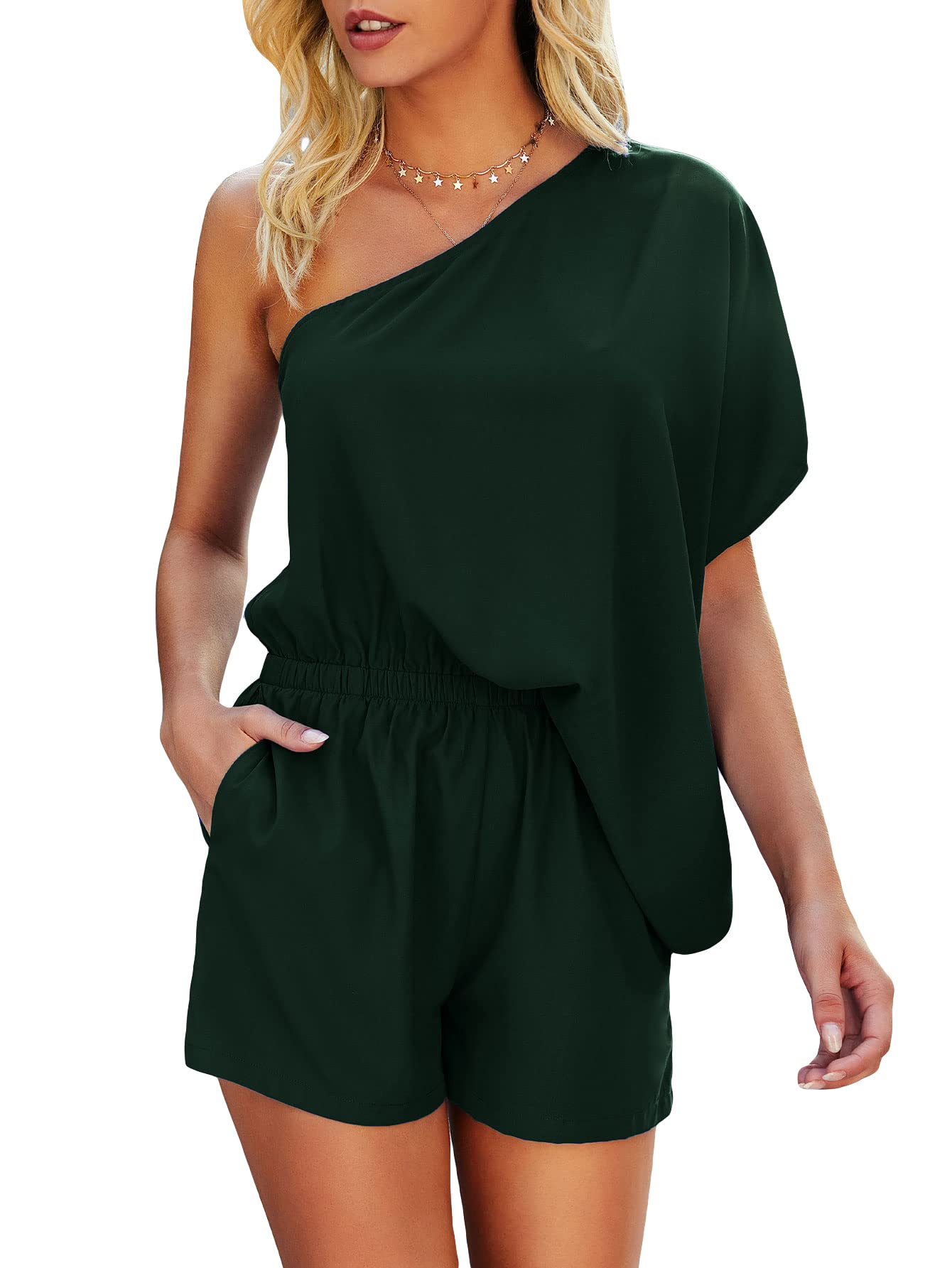 SheIn Women's One Shoulder Batwing Short Sleeve Romper - High Waist Summer Jumpsuit for Beach, Party & Vacation | Trendy Casual Outfit