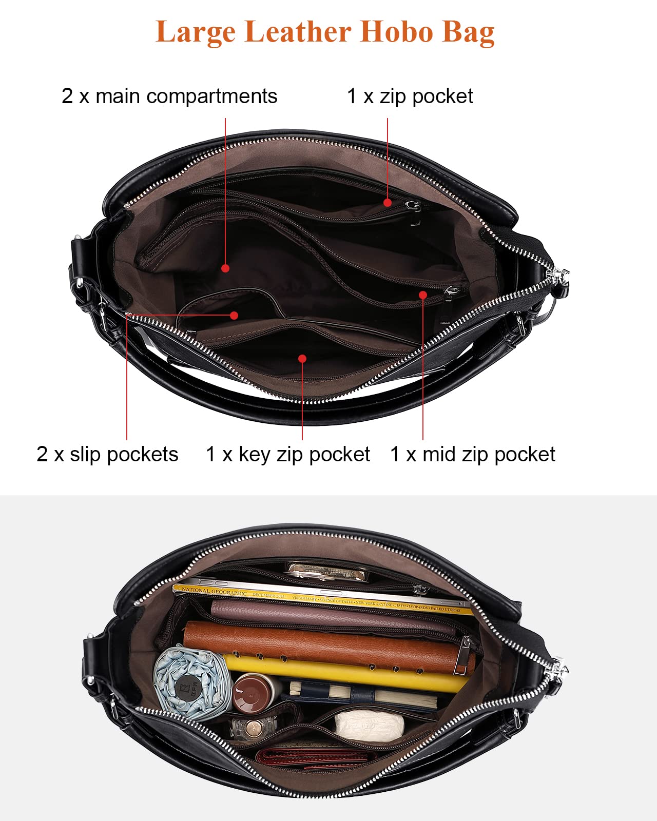 Premium Genuine Leather Hobo Handbags for Women - Stylish Shoulder & Crossbody Purse (O116E-2G Black) | Perfect for Work, Travel & Everyday Use