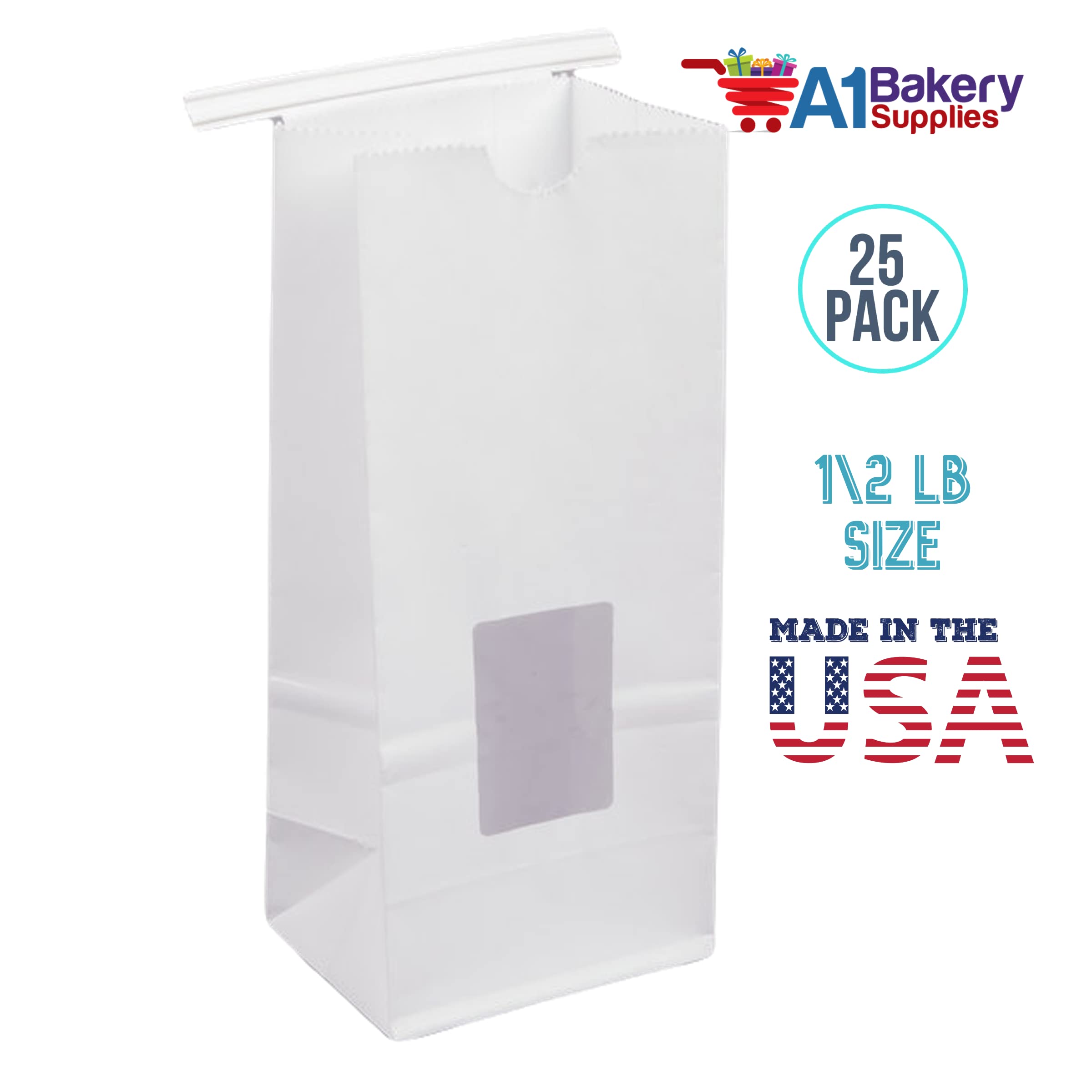 Premium 1/2 LB White Paper Bakery Bags with Square Window & Tin Tie Lock - 25 Pack for Cookies, Coffee, Pastries & Baked Goods - Ideal for Home Bakeries, Cafes & Gift Packaging
