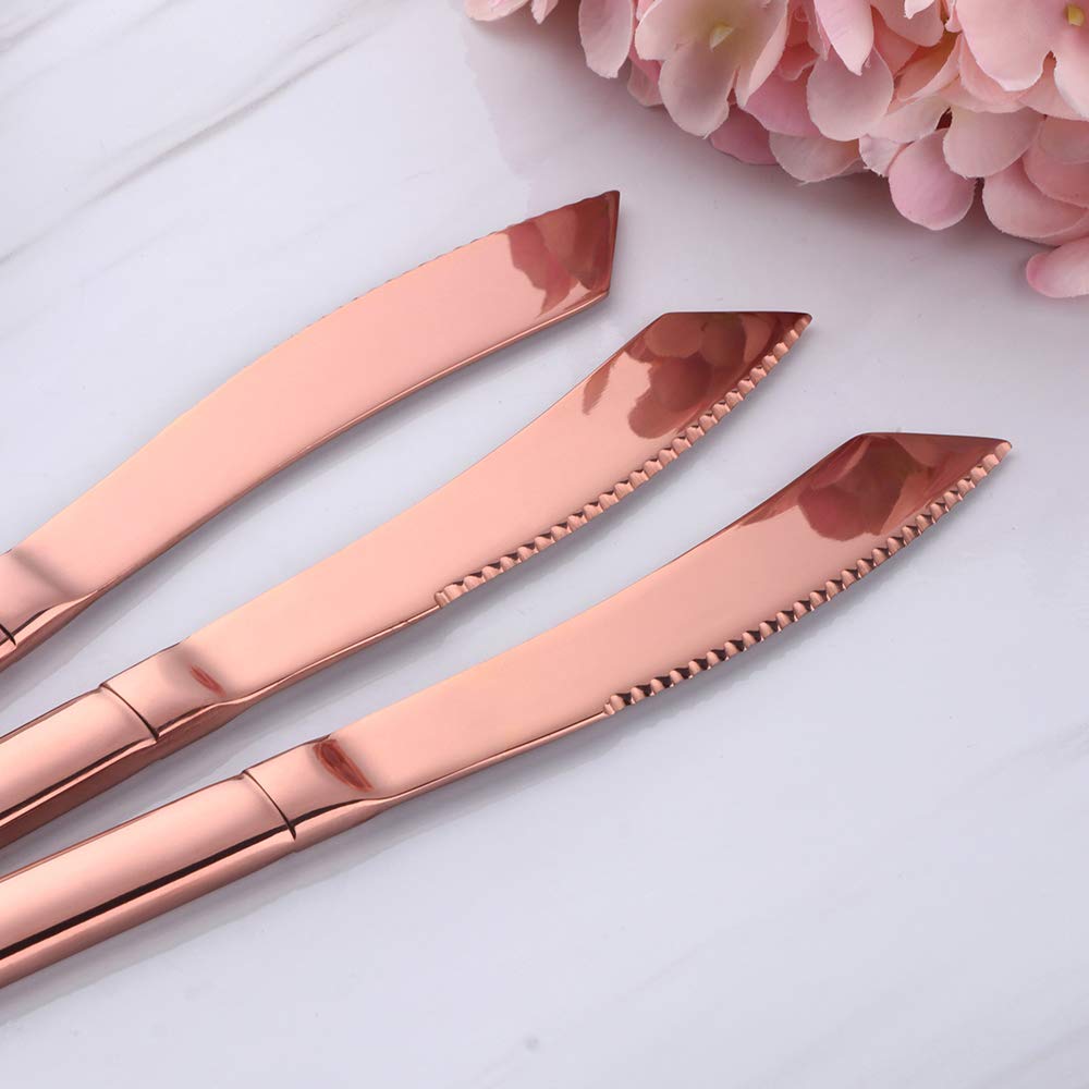 Premium 6-Piece Steak Knife Set - Serrated Stainless Steel Blades, Dishwasher Safe - Elegant Rose Gold Finish by QIBORUN - Perfect for Steak Dinners, BBQ Parties & Fine Dining