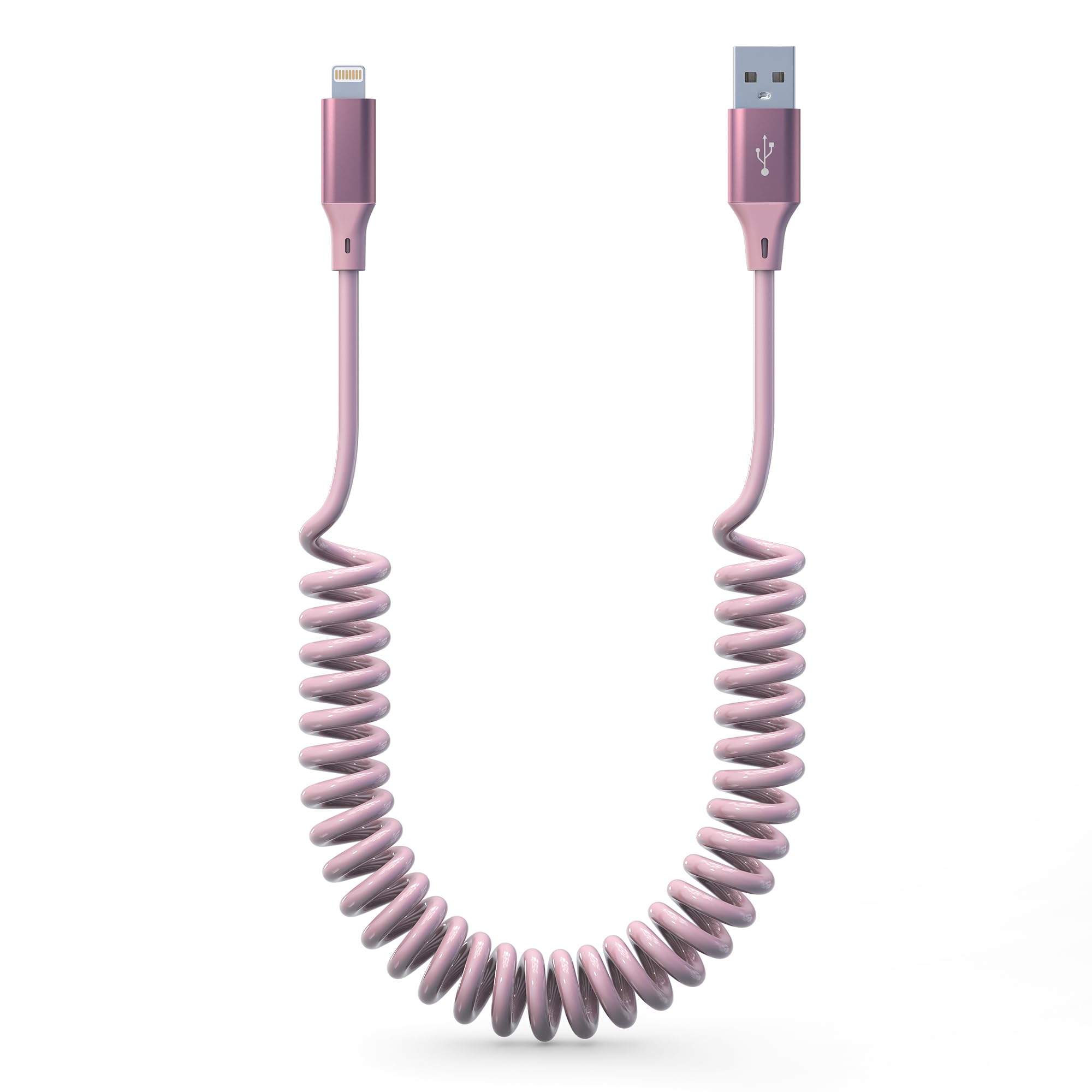 Apple MFi Certified Coiled Lightning Cable - Short Retractable iPhone Car Charger with Data Sync for iPhone/iPad/iPod (Pink) | Fast Charging & Durable for Carplay, Home, Office & Travel Use