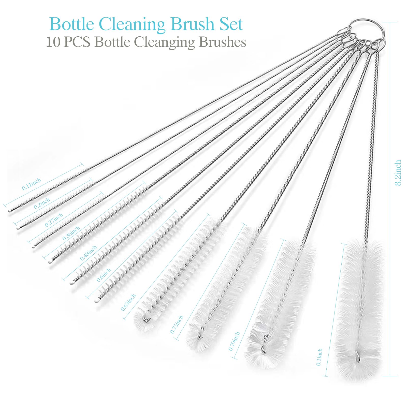 10-Piece Long Straw Cleaner Brush Set - 8.2 Inch Bottle & Tube Cleaning Brushes Kit for Sippy Cups, Narrow Neck Bottles, Water Bottles, Straws (White) - Perfect for Baby Bottles, Travel Mugs & Reusable Drinkware