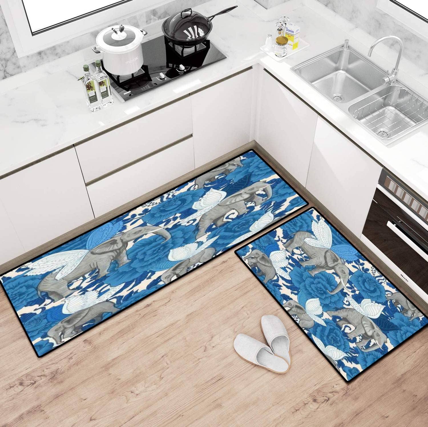 Flying Elephants with Butterfly Wings Non-Slip Washable Kitchen Rugs Set - Seamless Floor Mat, Runner, Doormat & Bath Rug for Comfortable Standing - Perfect for Kitchen, Bathroom & Entryway Decor