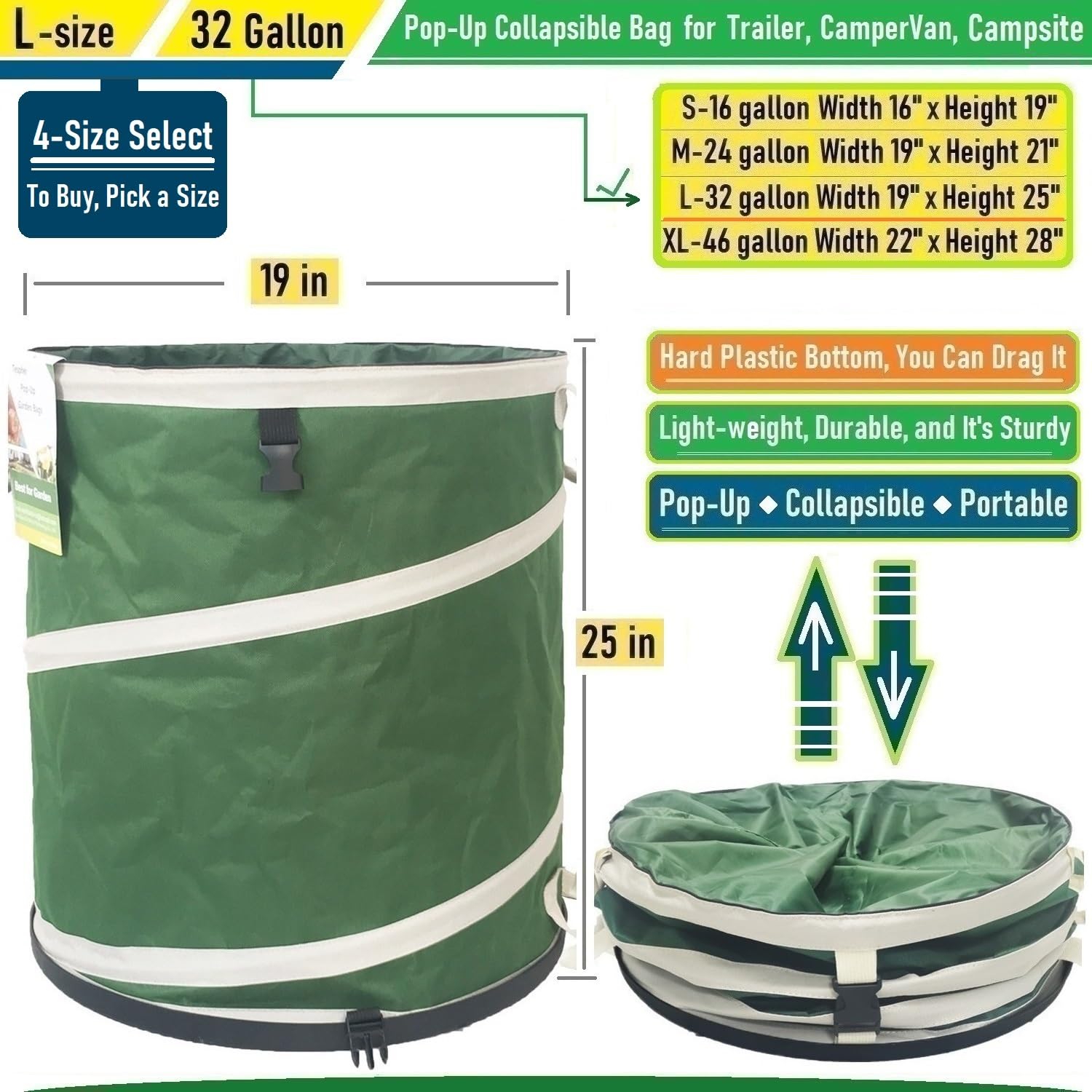 32-Gallon Collapsible Trash Can with Hard-Shell Bottom - 19x25 Inch Yard Waste Bag for Garden Debris, Recycling, Laundry & Camping | Durable Outdoor Storage for Leaves, Grass Clippings & Weeds | 4 Handles for Easy Transport | Perfect for Backyard, Garage & RV Use
