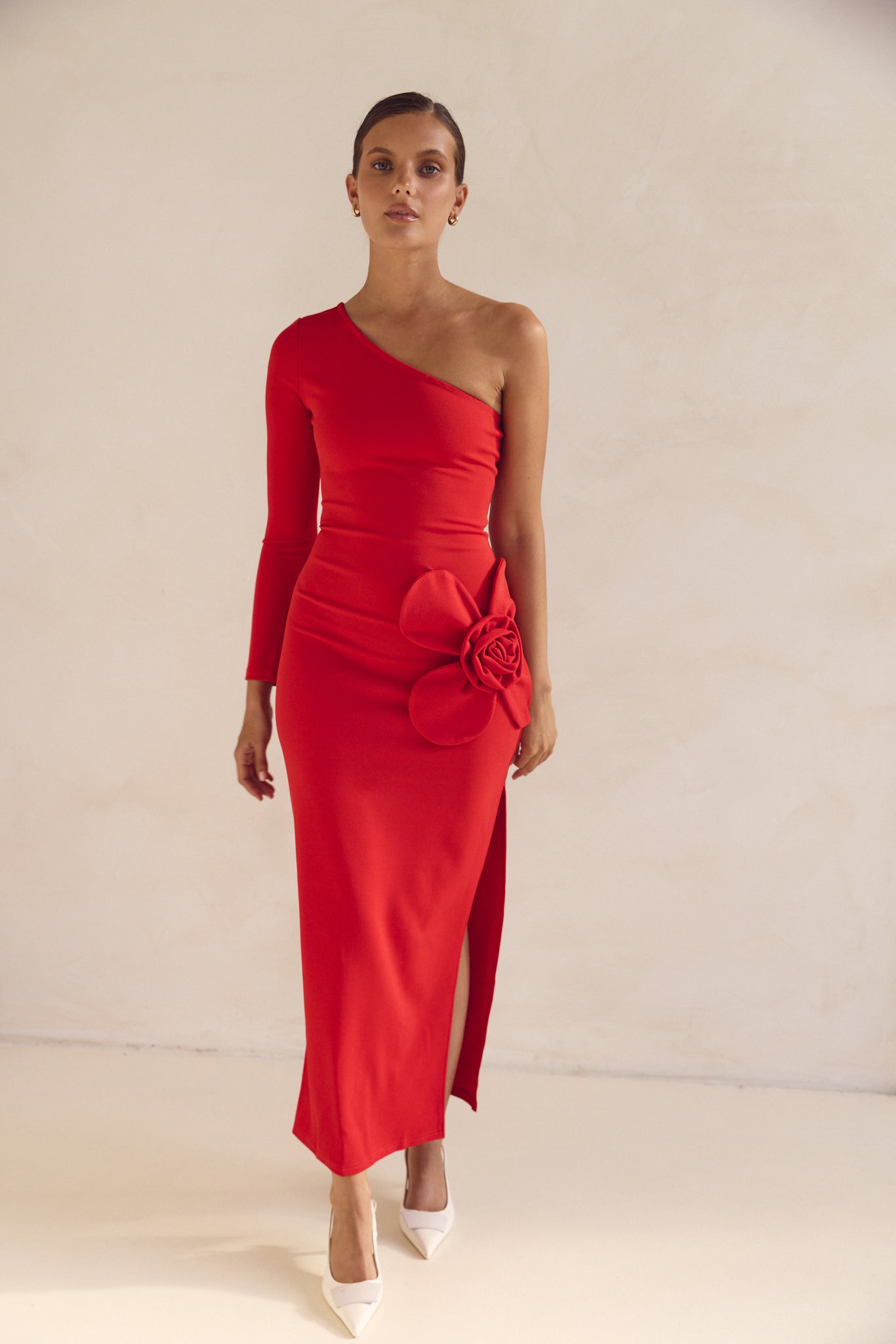 Elegant Ruby Red One Shoulder Maxi Dress for Women - Perfect for Evening Parties, Weddings & Special Occasions