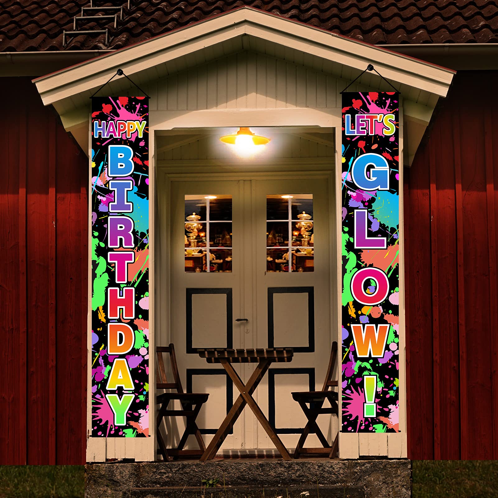 Glow in the Dark Neon Birthday Party Decorations - Happy Birthday Door Banner & Photography Backdrop - Perfect for Glow Themed Parties, Nighttime Celebrations, and Porch Photo Shoots