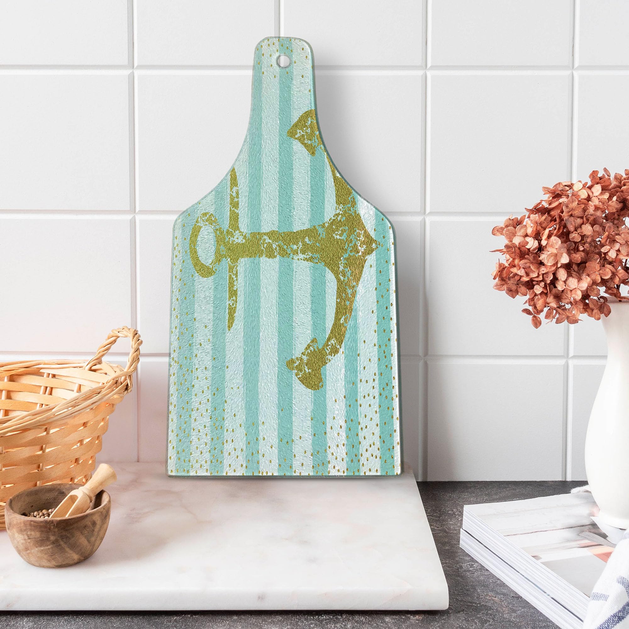 Ambesonne Anchor Tempered Glass Cutting Board - Nordic Marine Golden Yellow Anchor Striped Design, Decorative Serving Board for Cheese, Charcuterie & Wine - Wine Bottle Shape in Pale Blue & White - Perfect for Kitchen, Dining & Gift Giving