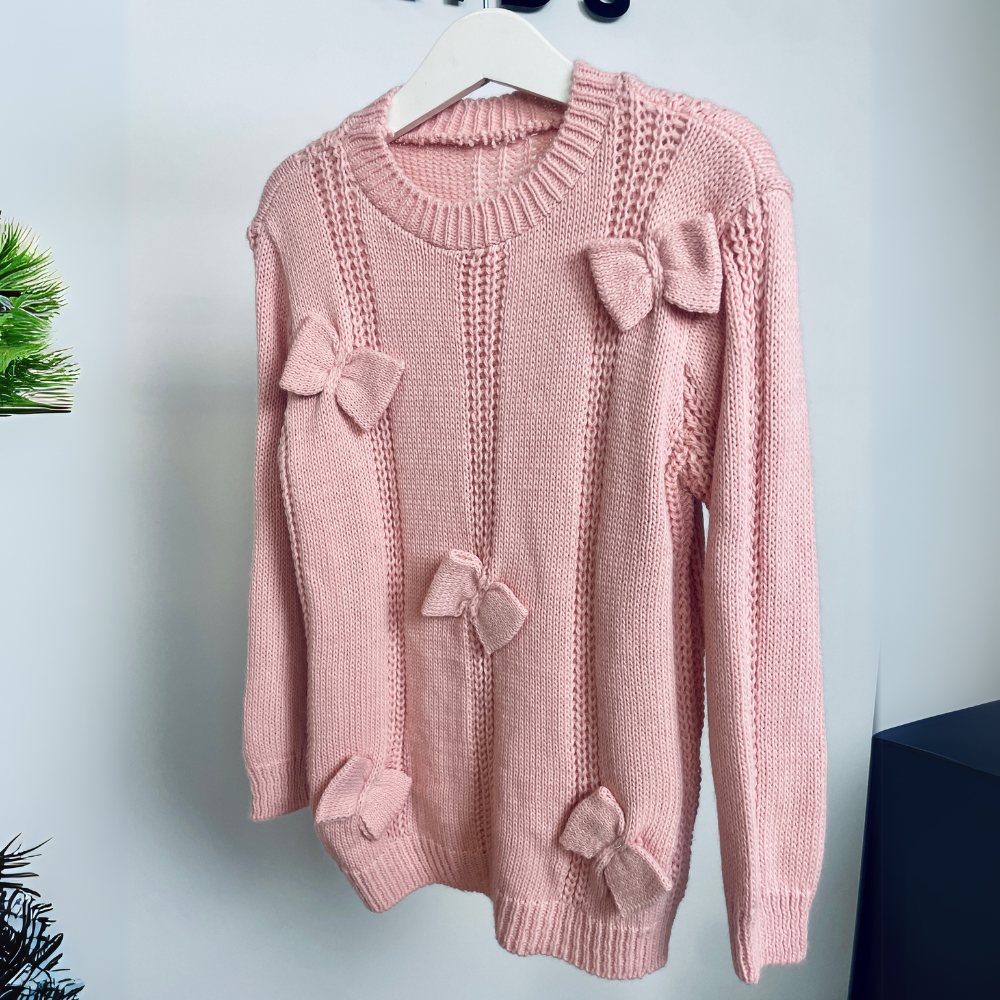 Coquette Bow Knitted Sweater Pink - Women's Elegant Winter Pullover for Casual Outings & Date Nights