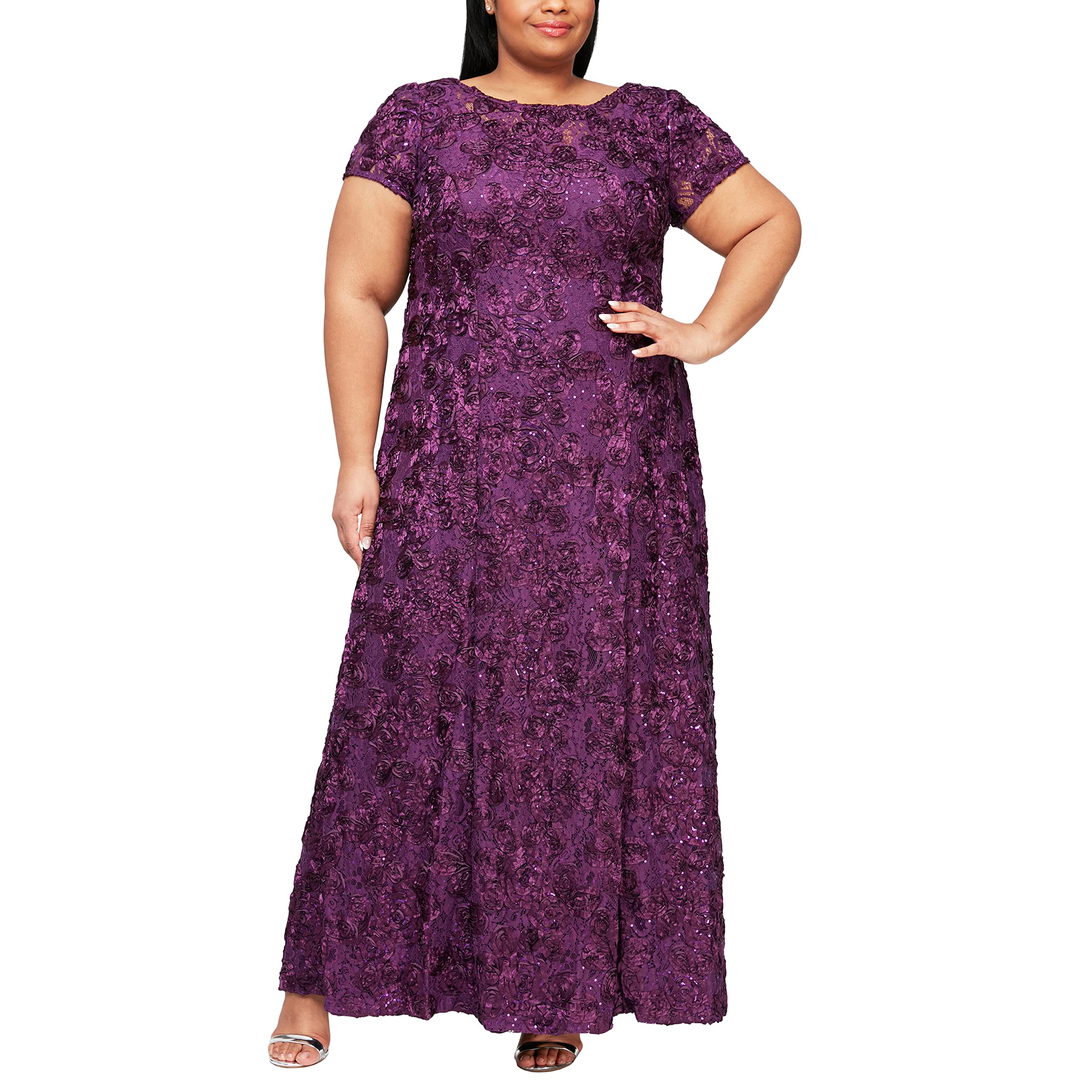 Alex Evenings Women's Plus Size Long Rosette Mother of The Bride Dress with Short Sleeves - Elegant Formal Gown for Wedding Guest, Bridal Shower, Evening Party & Special Occasions