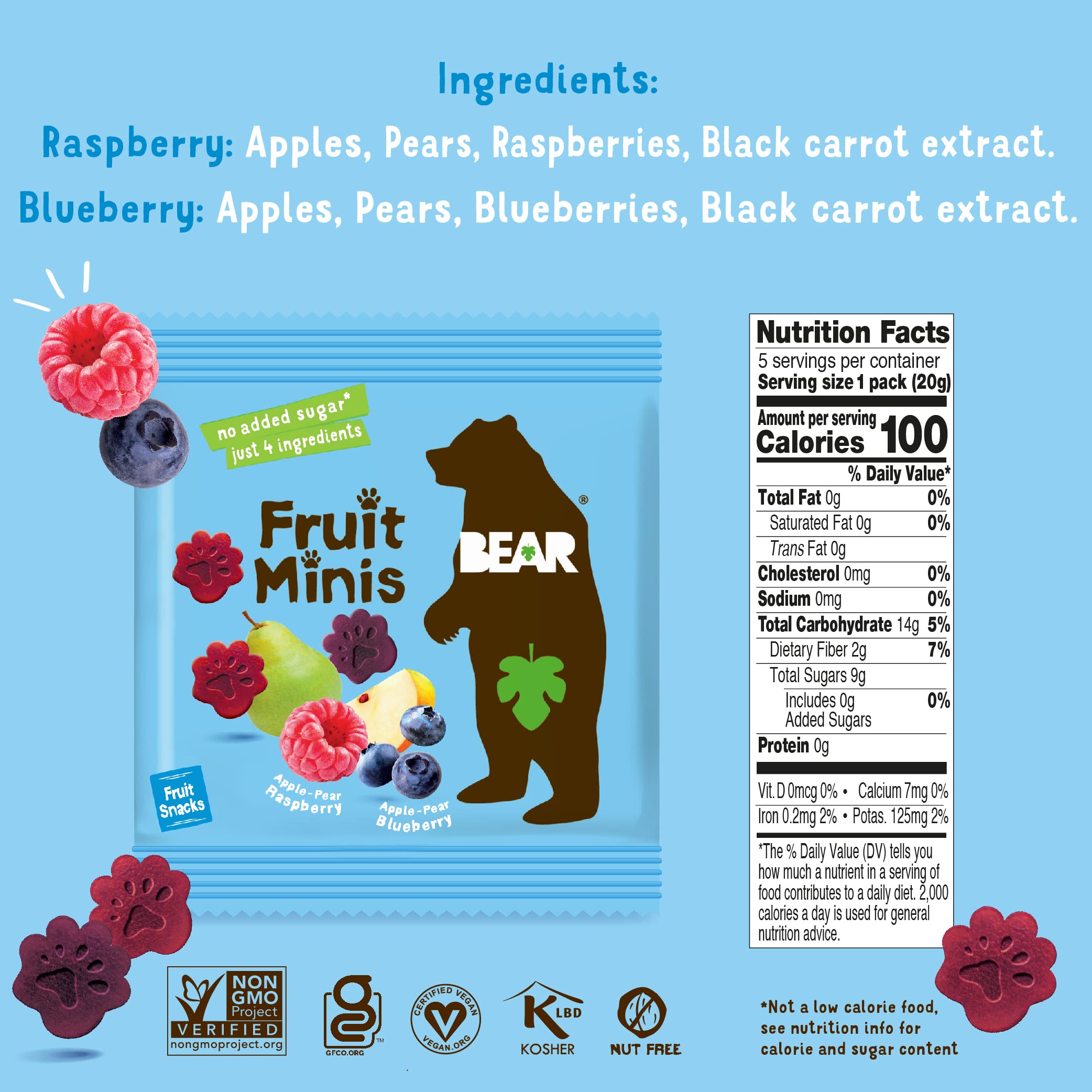 BEAR Real Fruit Snack Minis - Raspberry & Blueberry, No Added Sugar, All Natural, Non-GMO, Gluten Free, Vegan, 0.7oz (18 Pack) | Healthy Bite-Sized Snacks for Kids, Lunch Box, On-The-Go & School Snacks