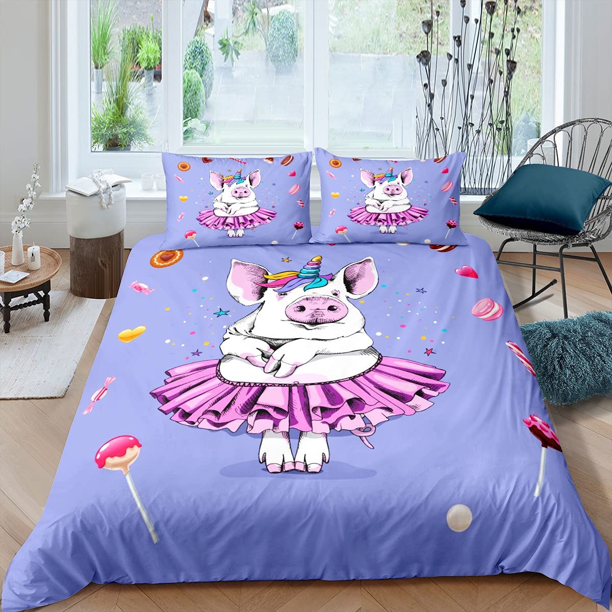 Feelyou Unicorn Duvet Cover Set - Cartoon Pig & Magical Animal Print Bedding for Kids & Girls | Soft Twin Size Comforter Cover with Zipper Closure | Perfect for Children's Bedroom Decor & Fantasy Themed Rooms