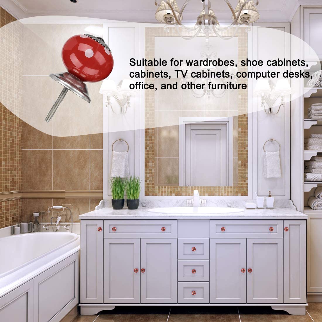Ceramic Drawer Knobs 4pcs - Red Round Pull Handles for Cabinet & Wardrobe - Home Decor Upgrade