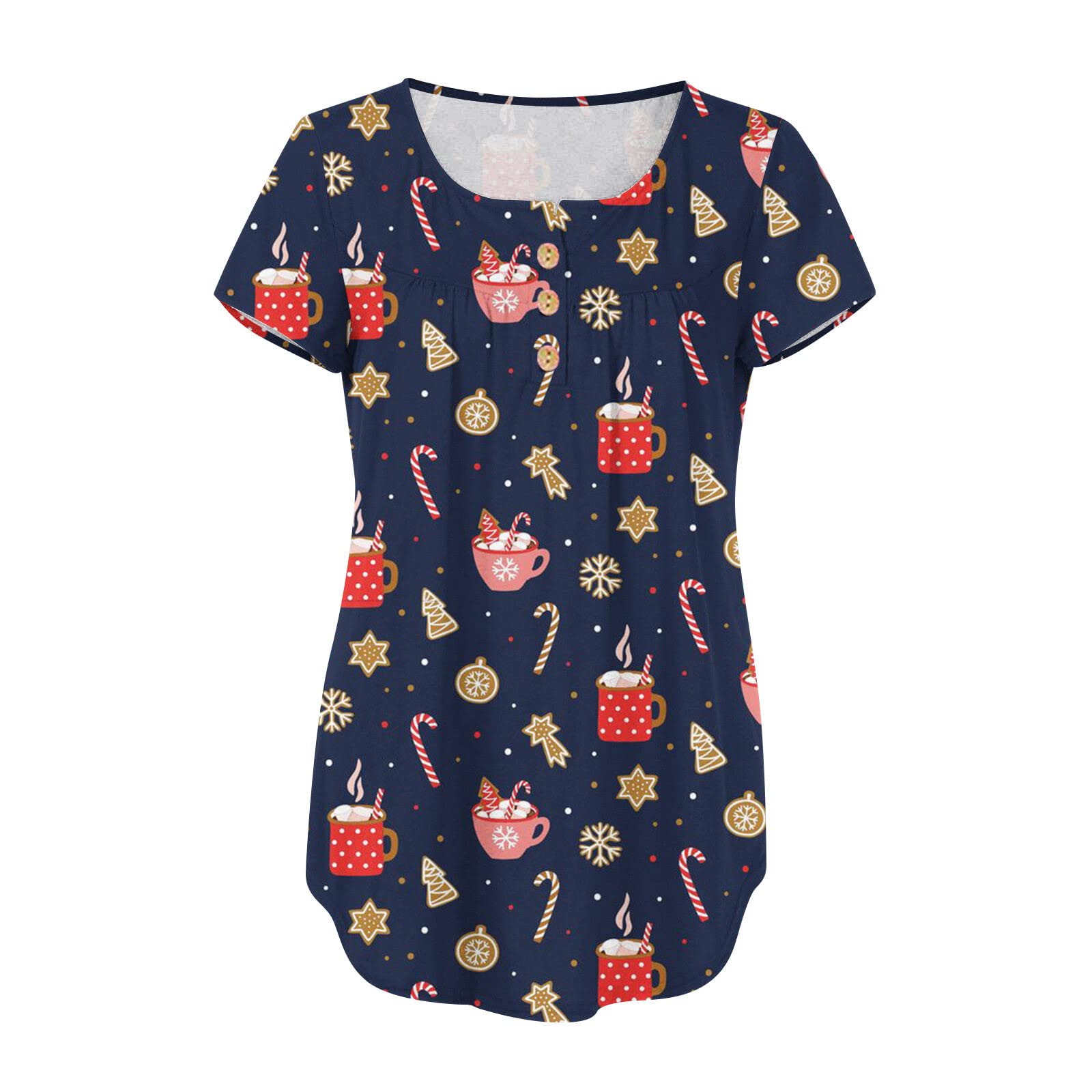 AMhomely Women's V-Neck Floral Printed Tunic Blouse - Short Sleeve Button-Up T-Shirt & Christmas Graphic Sweatshirt with Reindeer Santa Design - Perfect for Holiday Parties, Office Wear & Casual Outfits (UK Size)