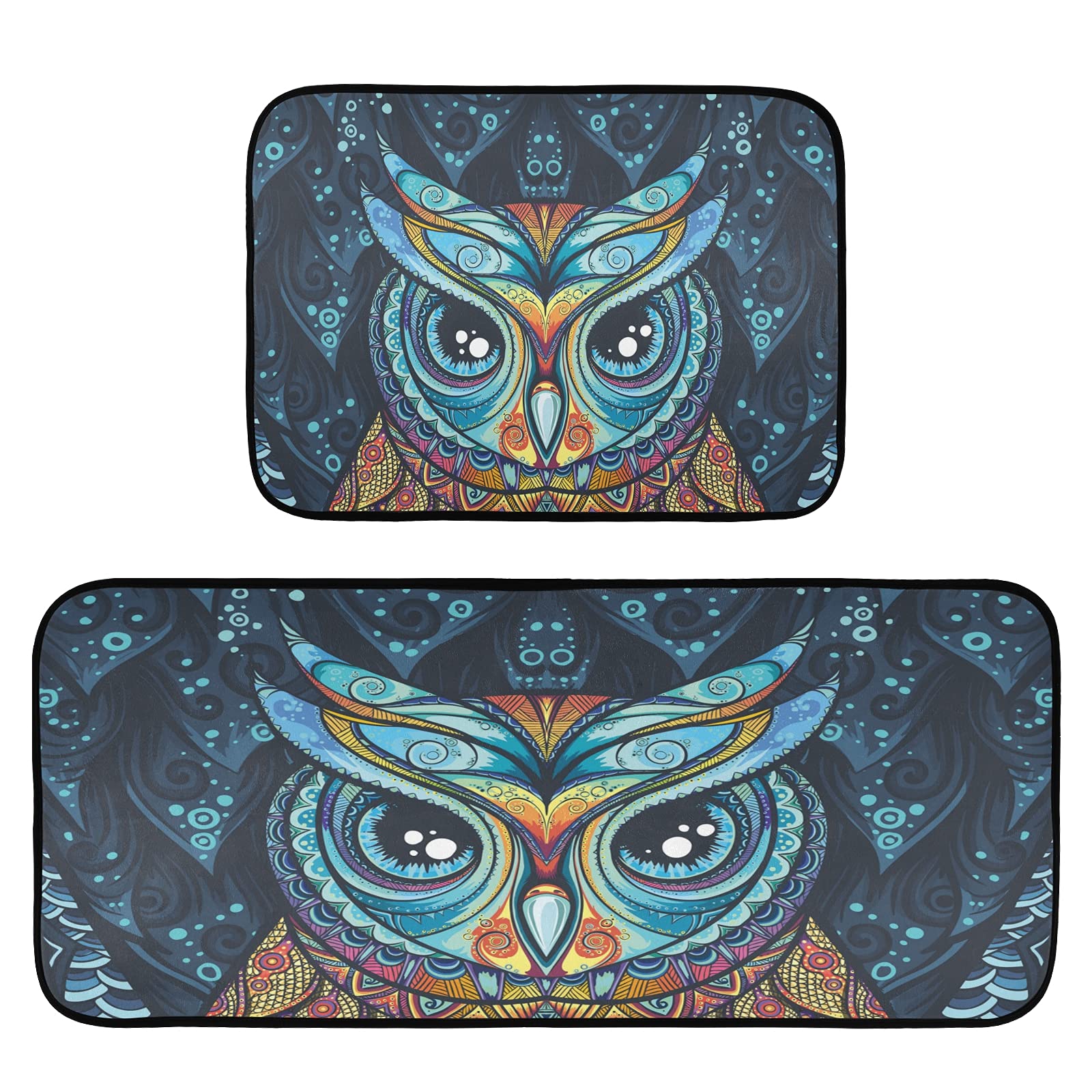 Tribal Owl Kitchen Rugs Set - Anti-Fatigue Non-Slip Mats for Sink & Laundry (2PC)