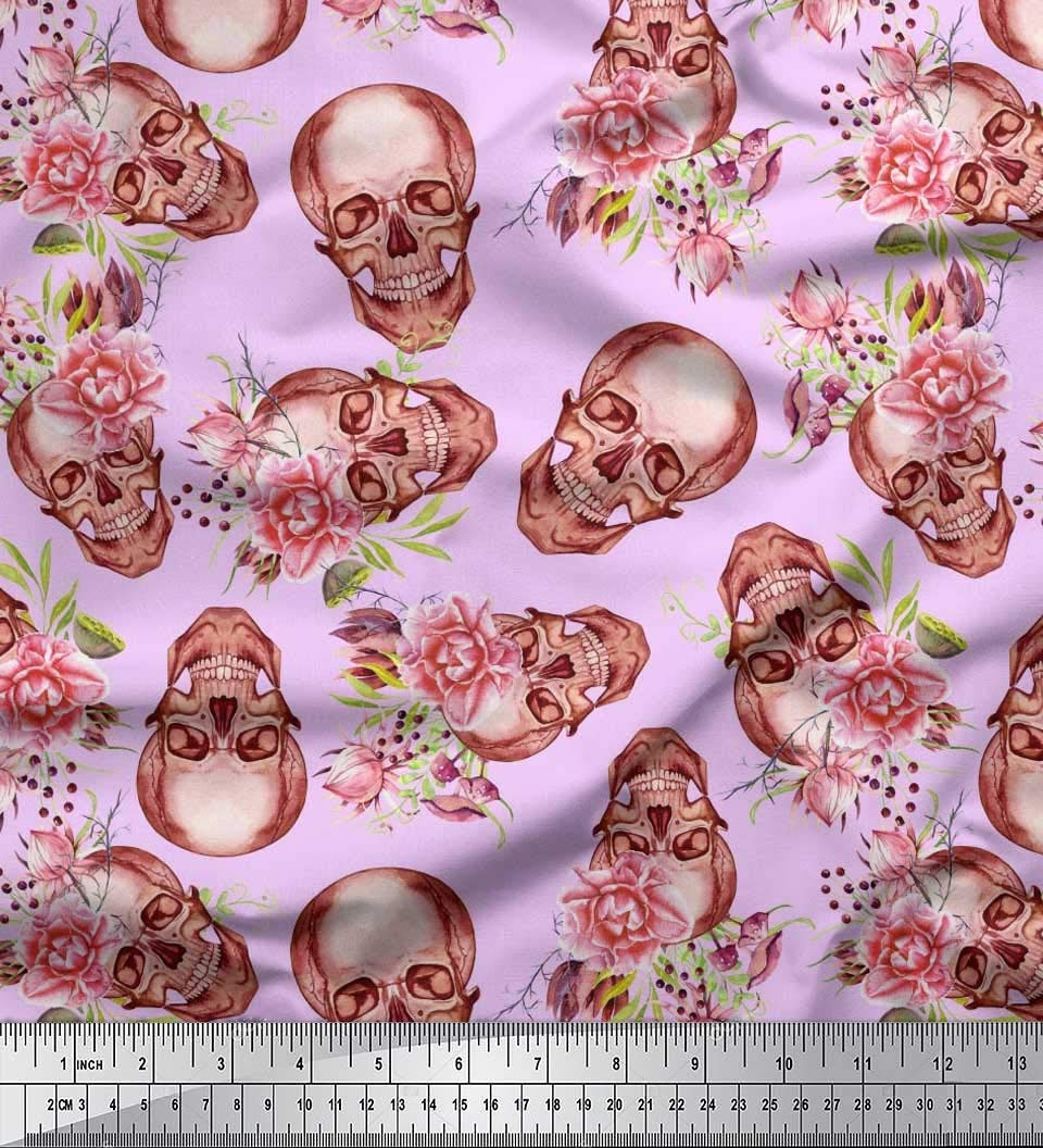 Soimoi Moss Georgette Brown Fabric by The Yard - 42 Inch Wide Skull & Begonia Floral Printed Textile for Fashion Design, DIY Crafts, Gothic Clothing & Home Decor - Edgy Whimsical Fabric for Dresses, Curtains & Unique Creations