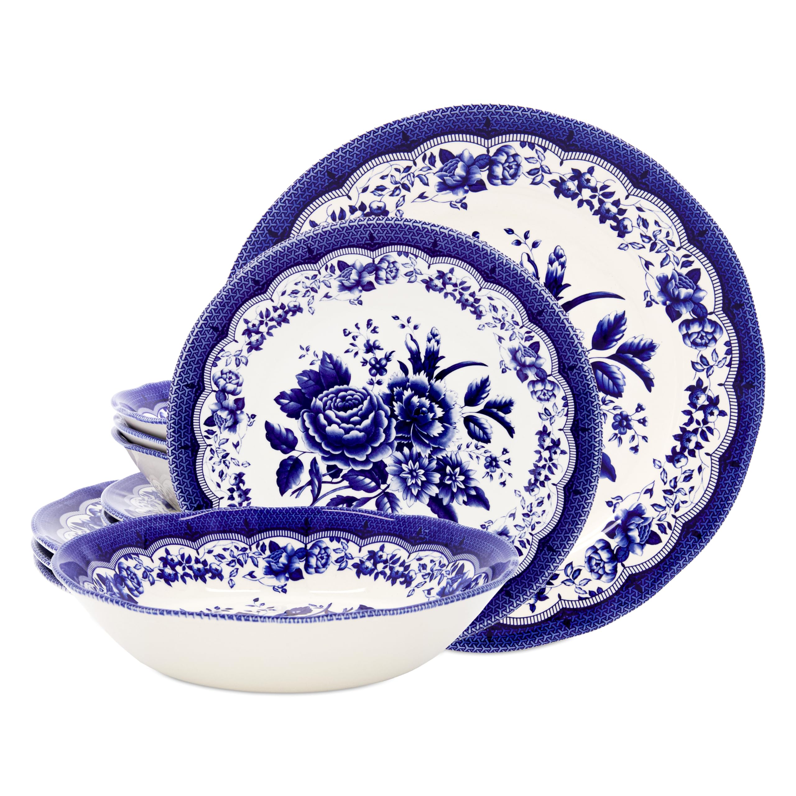 Tudor Royal 12-Piece Porcelain Dinnerware Set - Blue Floral Design for 4, Elegant Tableware for Dining & Entertaining