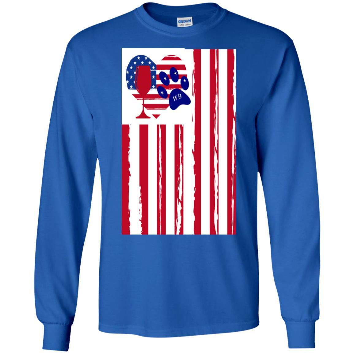 WineyBitches.Co Patriotic American Flag Wine Paw Heart Long Sleeve Ultra Soft Cotton T-Shirt for Women | Perfect for Wine Lovers, 4th of July & Pet-Themed Parties