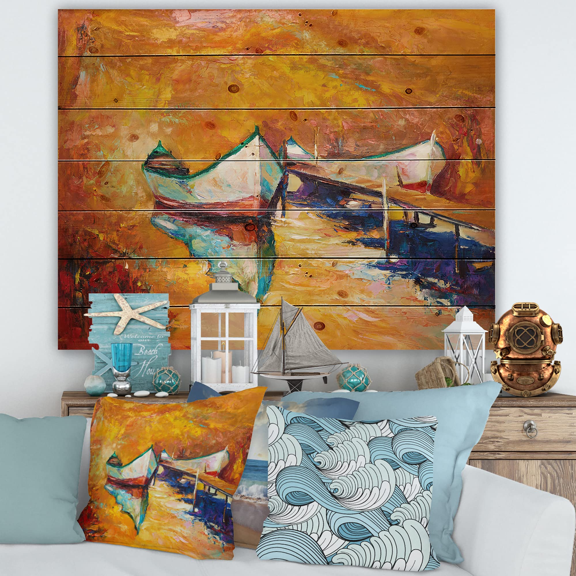 Orange Sunset Nautical Wood Wall Art - Coastal Decor for Living Room