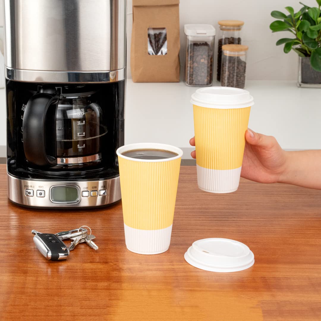 16oz Disposable Paper Coffee Cups - 25 Pack Leakproof & Insulated Ripple Wall Hot Cups | Eco-Friendly, Recyclable Light Yellow | Perfect for Restaurants, Cafes, Office Breakrooms & Home Use