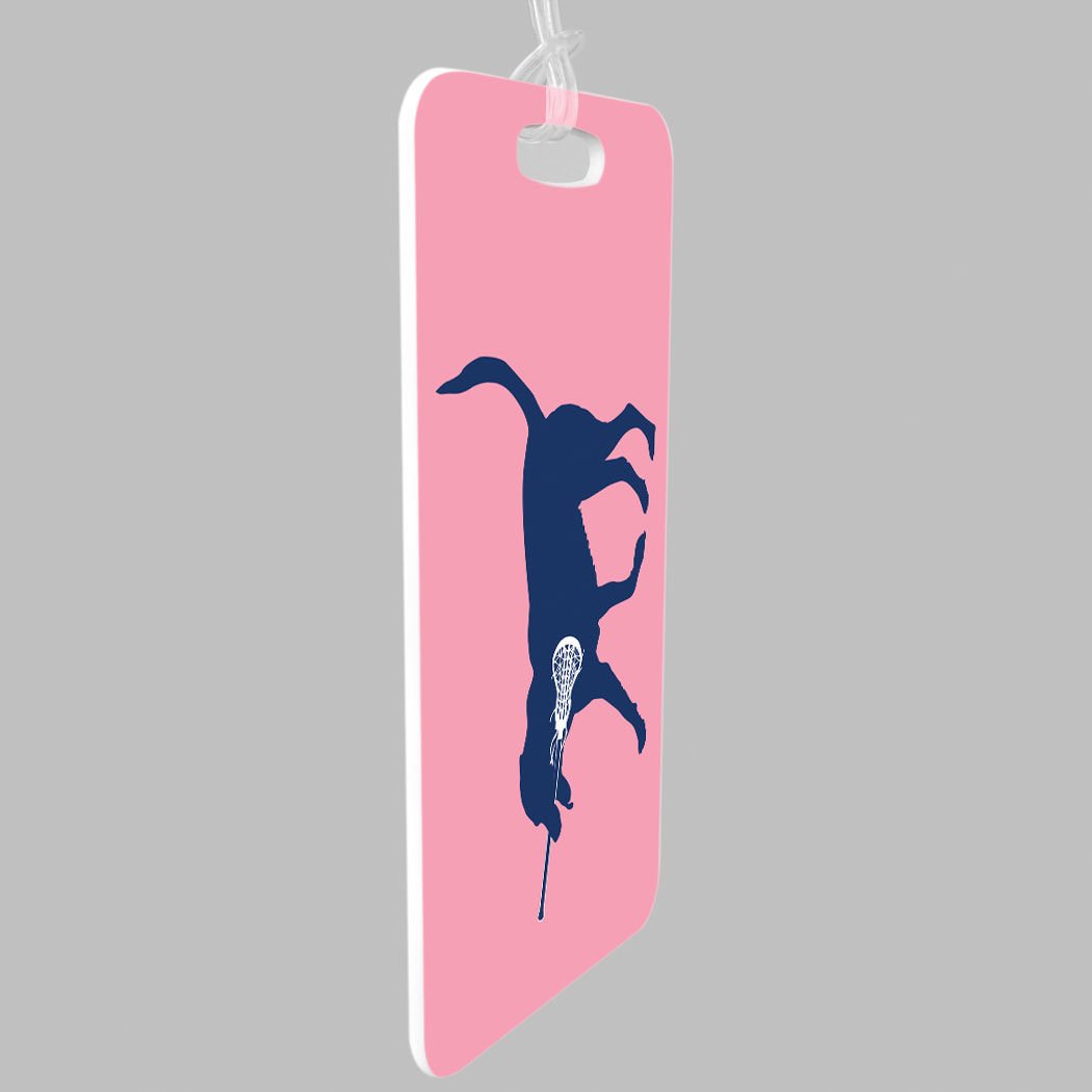 Custom Girls Lacrosse Luggage Tag - LuLa The Lax Dog Design with Personalization | Large Light Pink Sports Bag Tag for Travel & Team Gear Identification