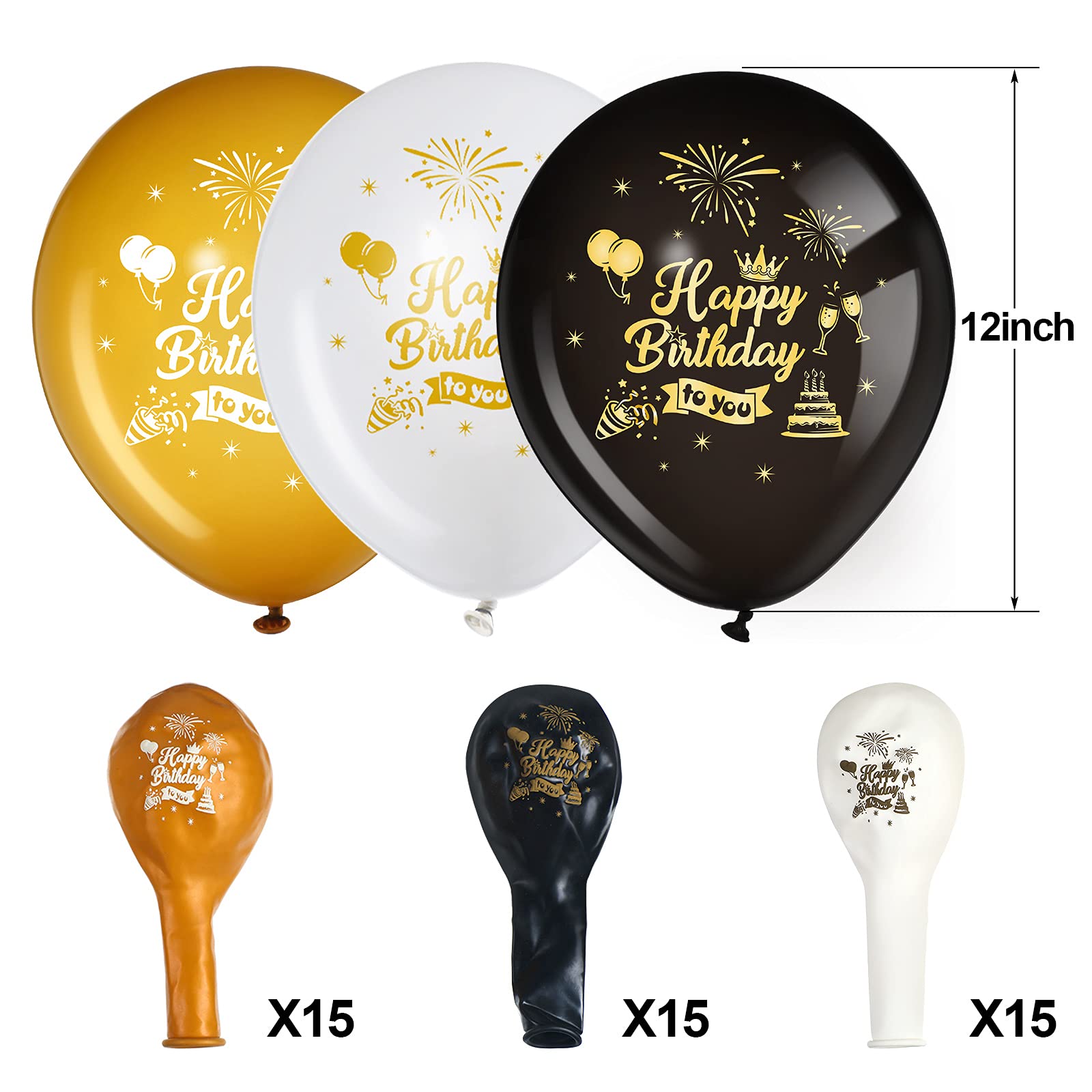 45-Piece 12-Inch Happy Birthday Balloons Set - Black, Gold & White Latex Balloons for Birthday, Anniversary Parties - Indoor/Outdoor Decorations for Girls, Boys, Women & Men - Perfect for Home, Office & Event Celebrations