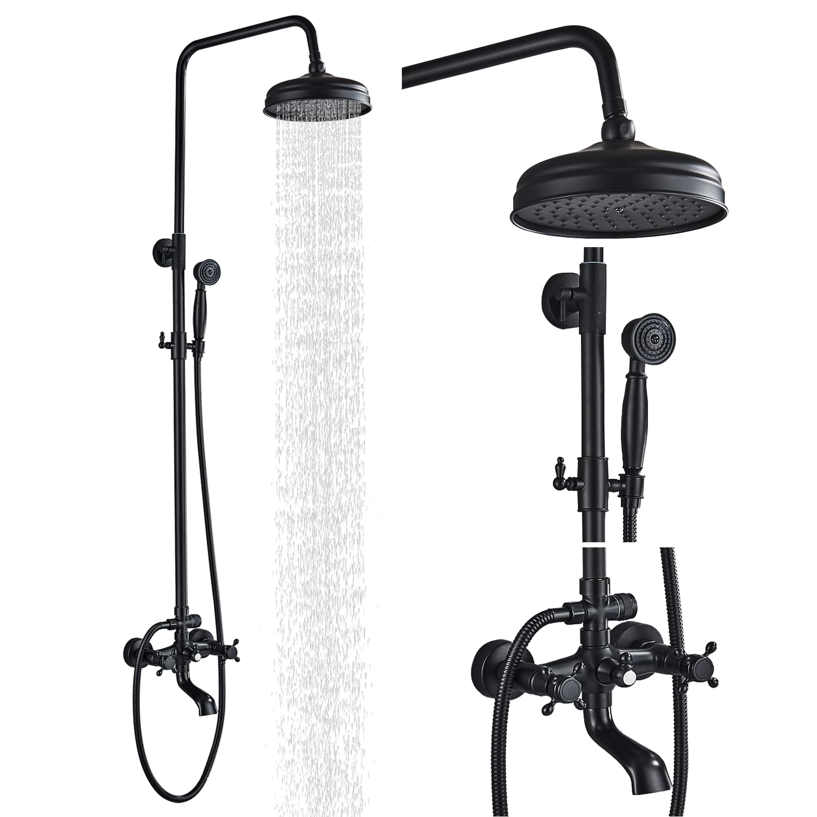 AlenArt Matte Black Outdoor Shower Faucet Set - 8 Inch Rainfall Shower Head with Handheld Spray, Tub Spout & Double Cross Handle - Wall Mounted Bathroom Fixture for Patio, Poolside & Garden Use