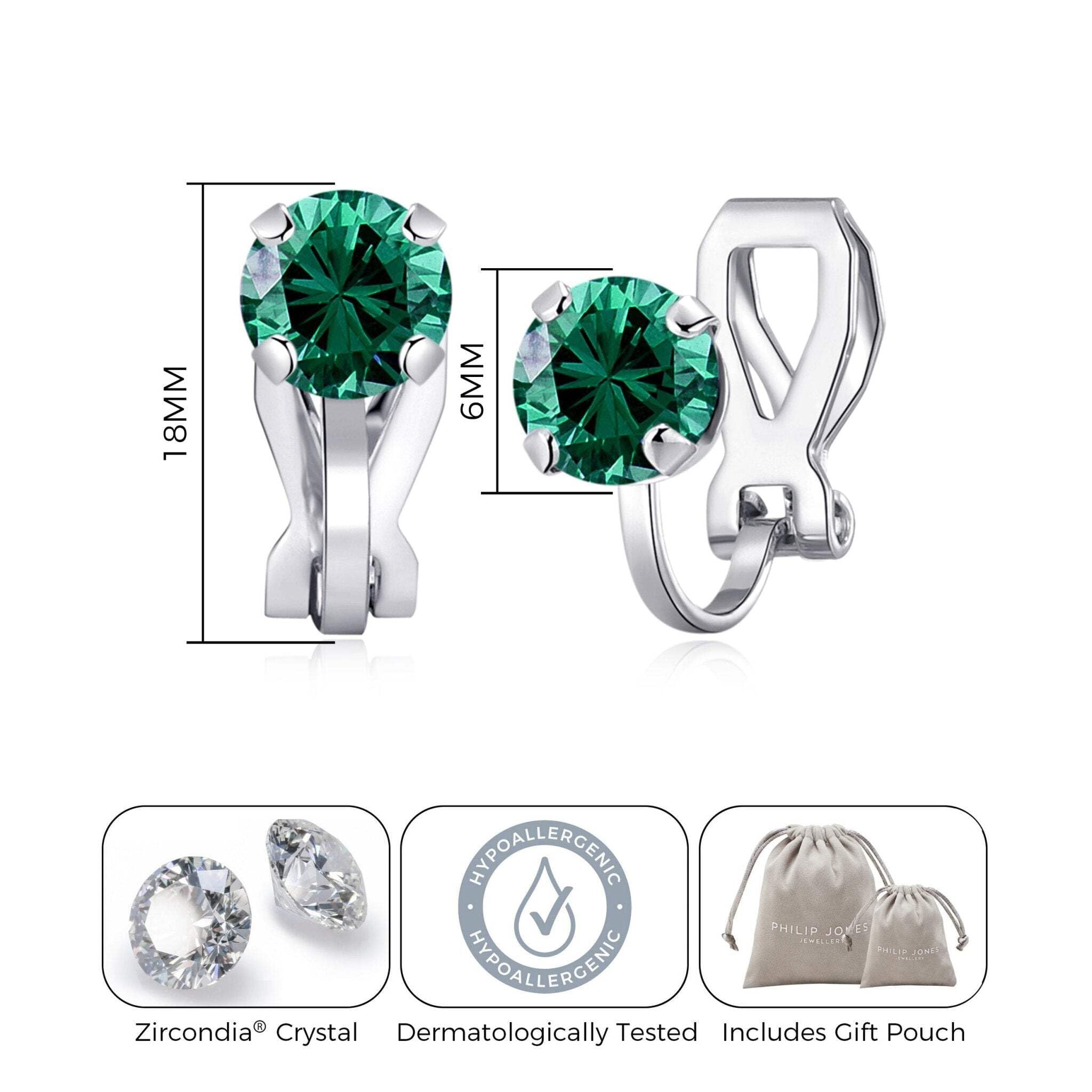 Emerald Birthstone Clip-On Earrings with Zirconia for May Birthdays & Gifts