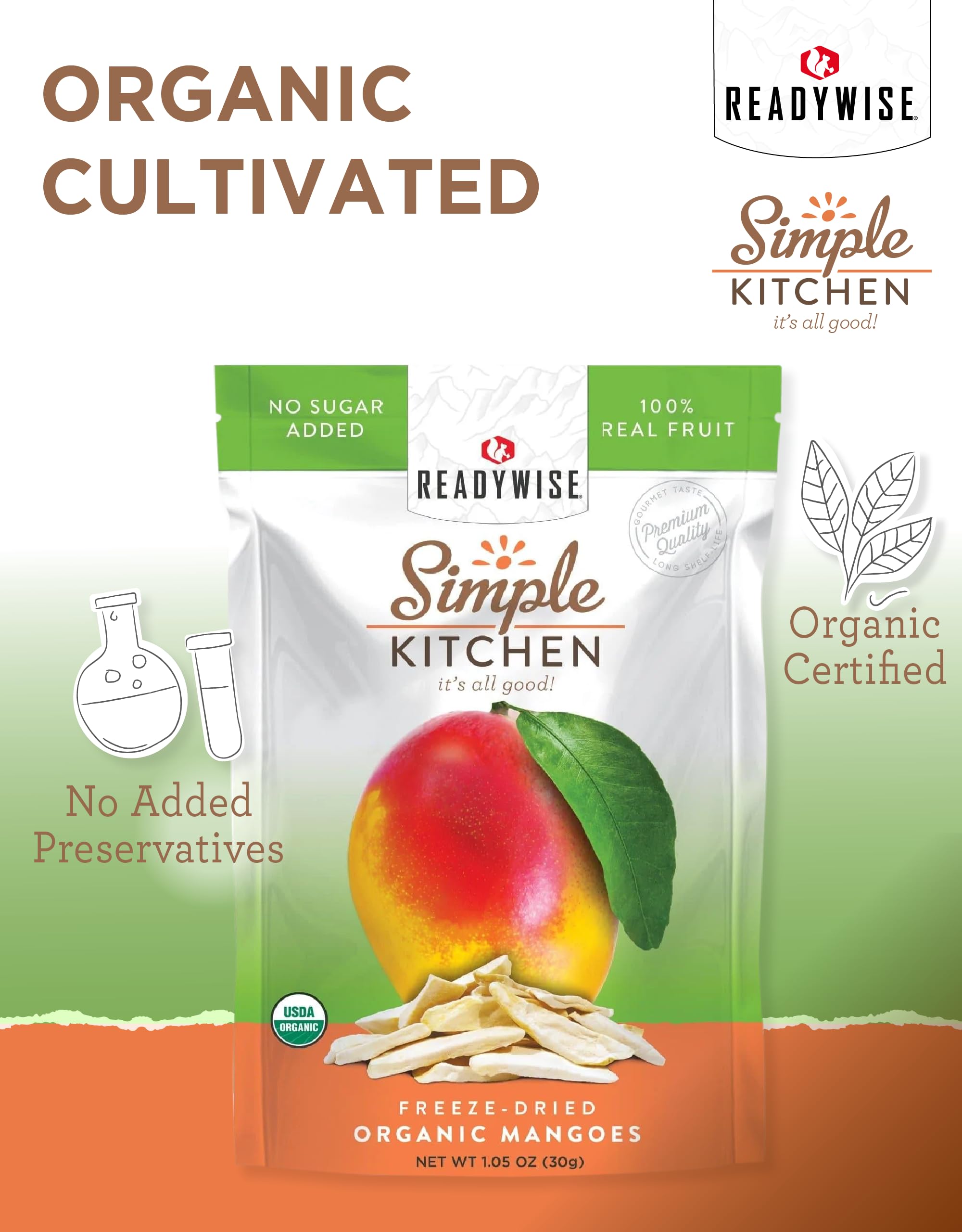 Organic Freeze-Dried Mango Snacks - READYWISE Simple Kitchen | Gluten-Free, Vegan, Non-GMO | 1-Pack Dried Fruit for Pre-Workout, Healthy Eating, Camping, Backpacking & Emergency Survival Food | Perfect for Outdoor Adventures, Office Snacks & Kids Lunchboxes
