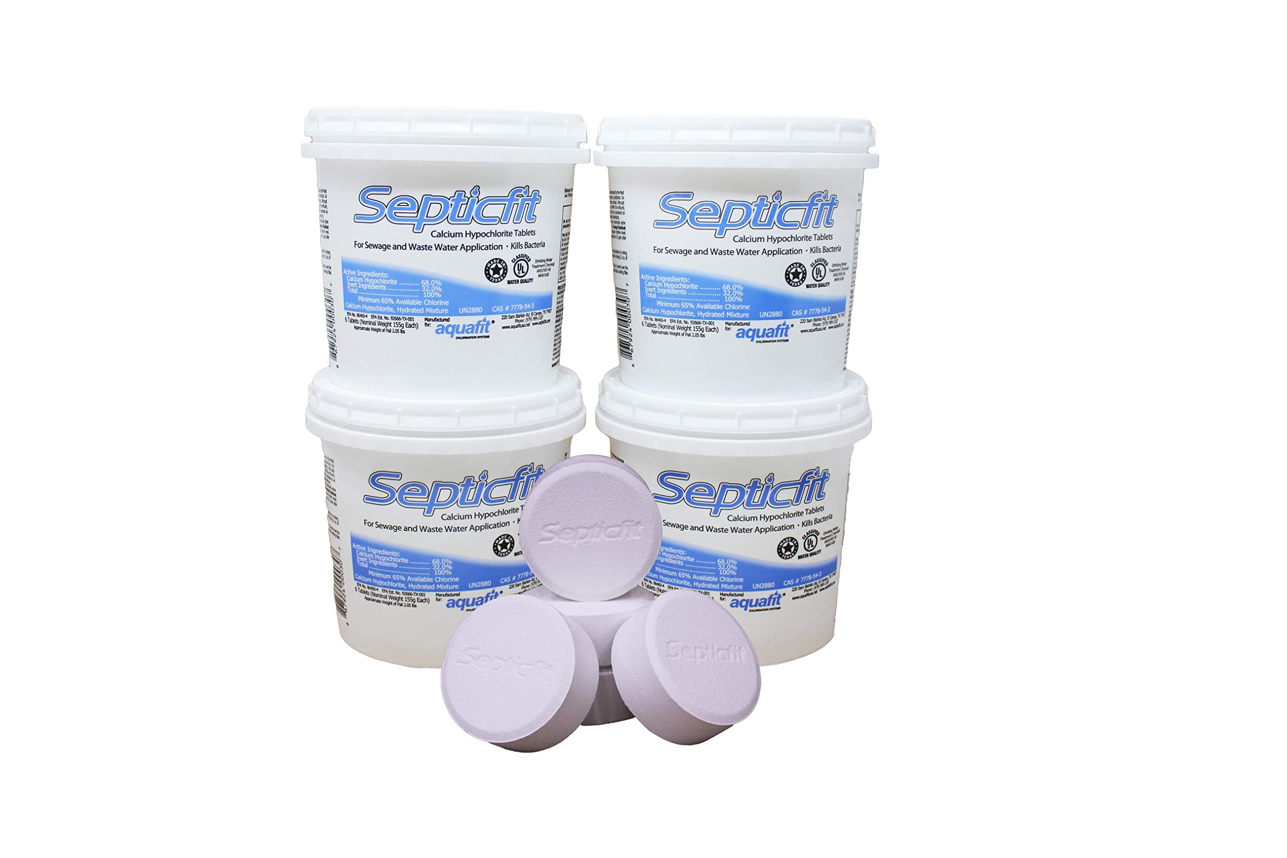 Septic Chlorine Tablets - 4 Pail Value Pack (6 Tablet Pails, 8.2 lbs) - Wastewater Treatment for Septic Tanks & Portable Toilets - Not for Swimming Pools Use