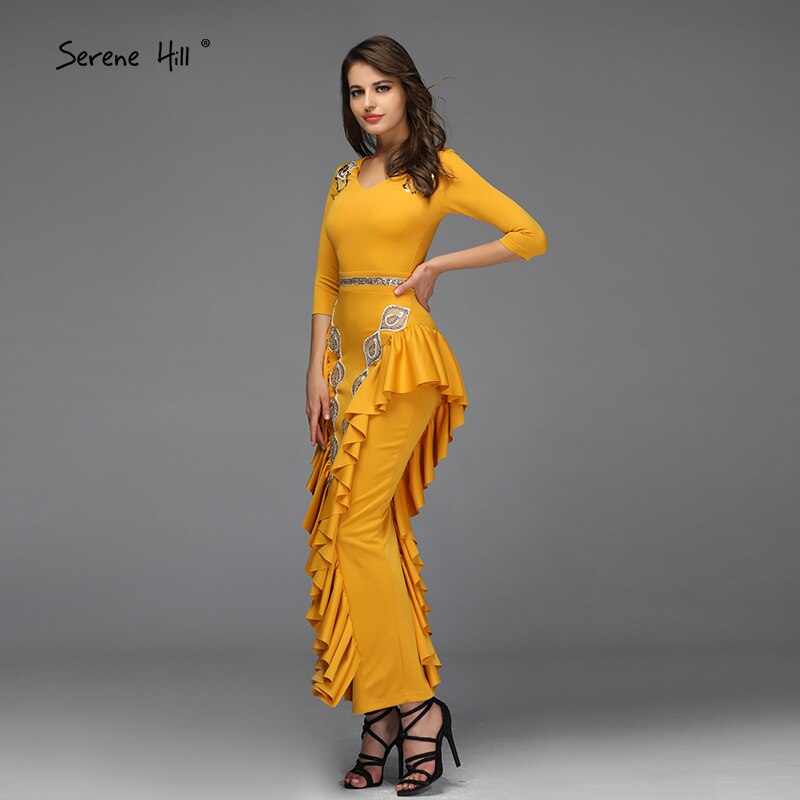 Elegant Yellow V-Neck Mermaid Evening Dress 2025 with Ruffles & Sequins - Ankle-Length Formal Gown by Serene Hill QA8037 | Perfect for Prom, Cocktail Parties & Special Occasions