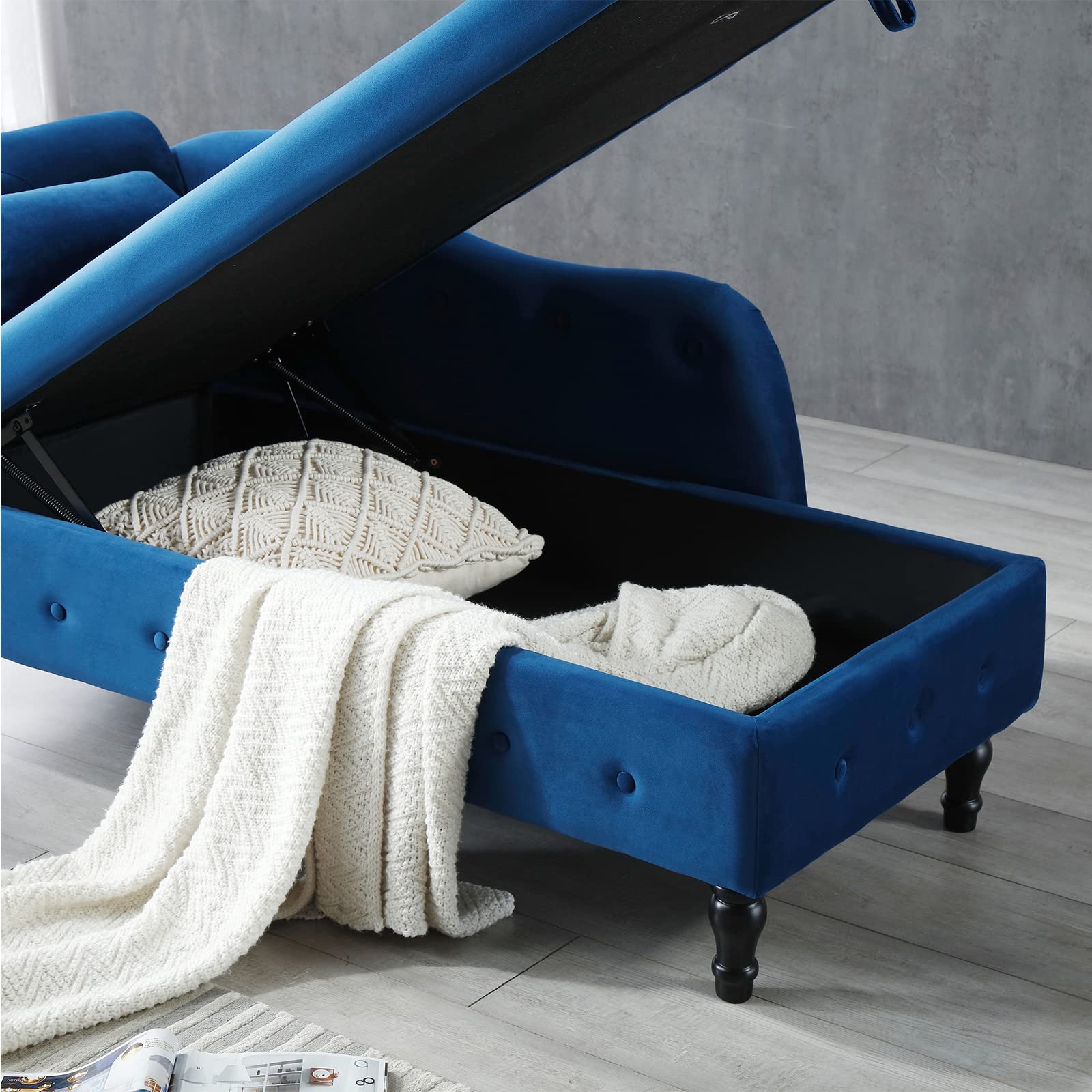 Velvet Chaise Lounge Chair with Storage & Pillow - Modern Upholstered Rolled Arm Sofa Bed with Nailhead Trim for Living Room, Bedroom & Office (Blue) | Perfect for Relaxing, Reading & Napping in Style