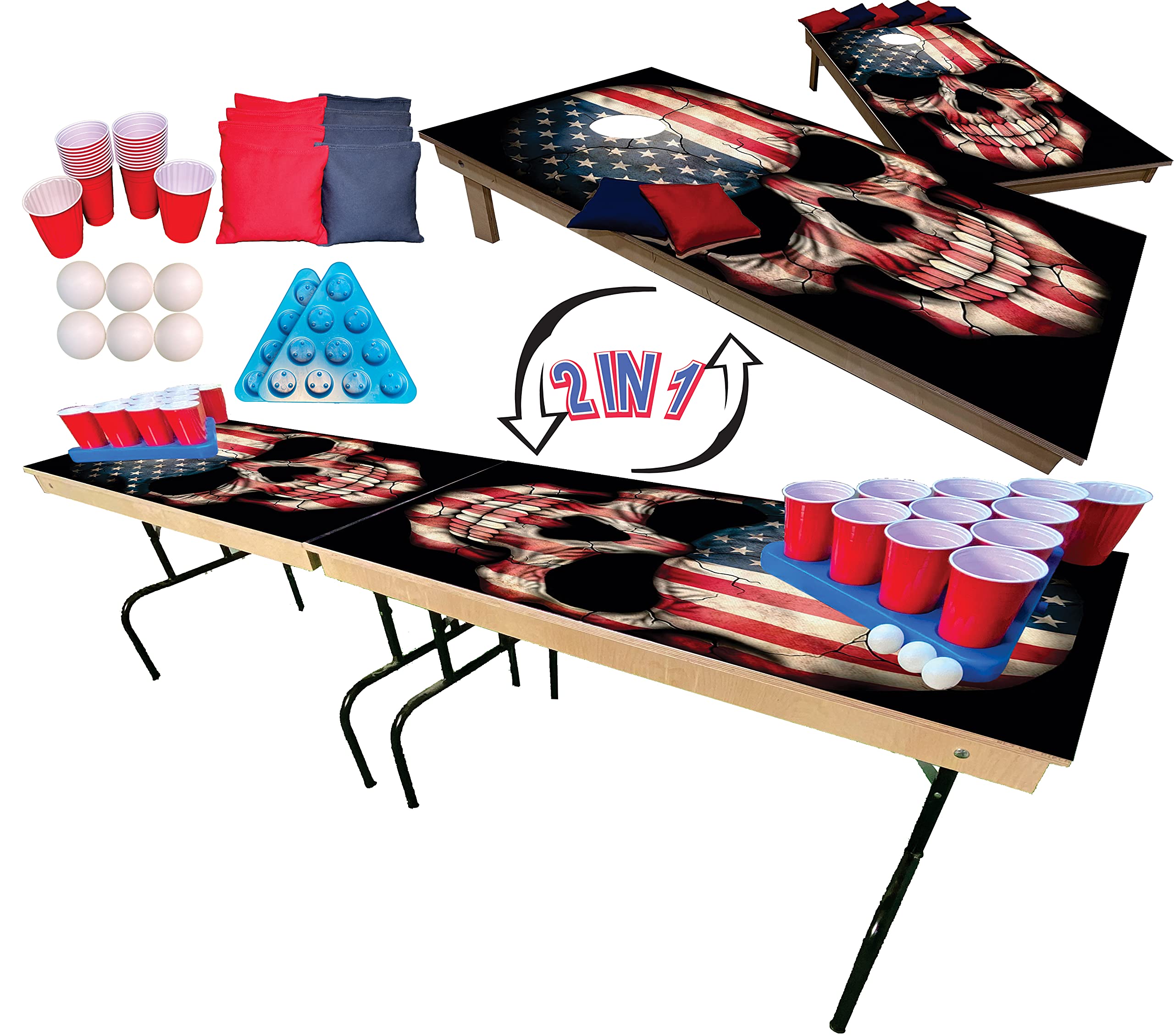 2-in-1 Cornhole & Tailgate Pong Table Set - Skull's Design - Perfect for College Parties, Tailgating & Outdoor Games - Includes 8Ft Table, 2 Cornhole Boards (4x2Ft), 8 Bags, 22 Cups, 6 Balls & 2 Racks - Patriotic Flag Theme - Great for Backyard BBQs, Game Nights & Sporting Events