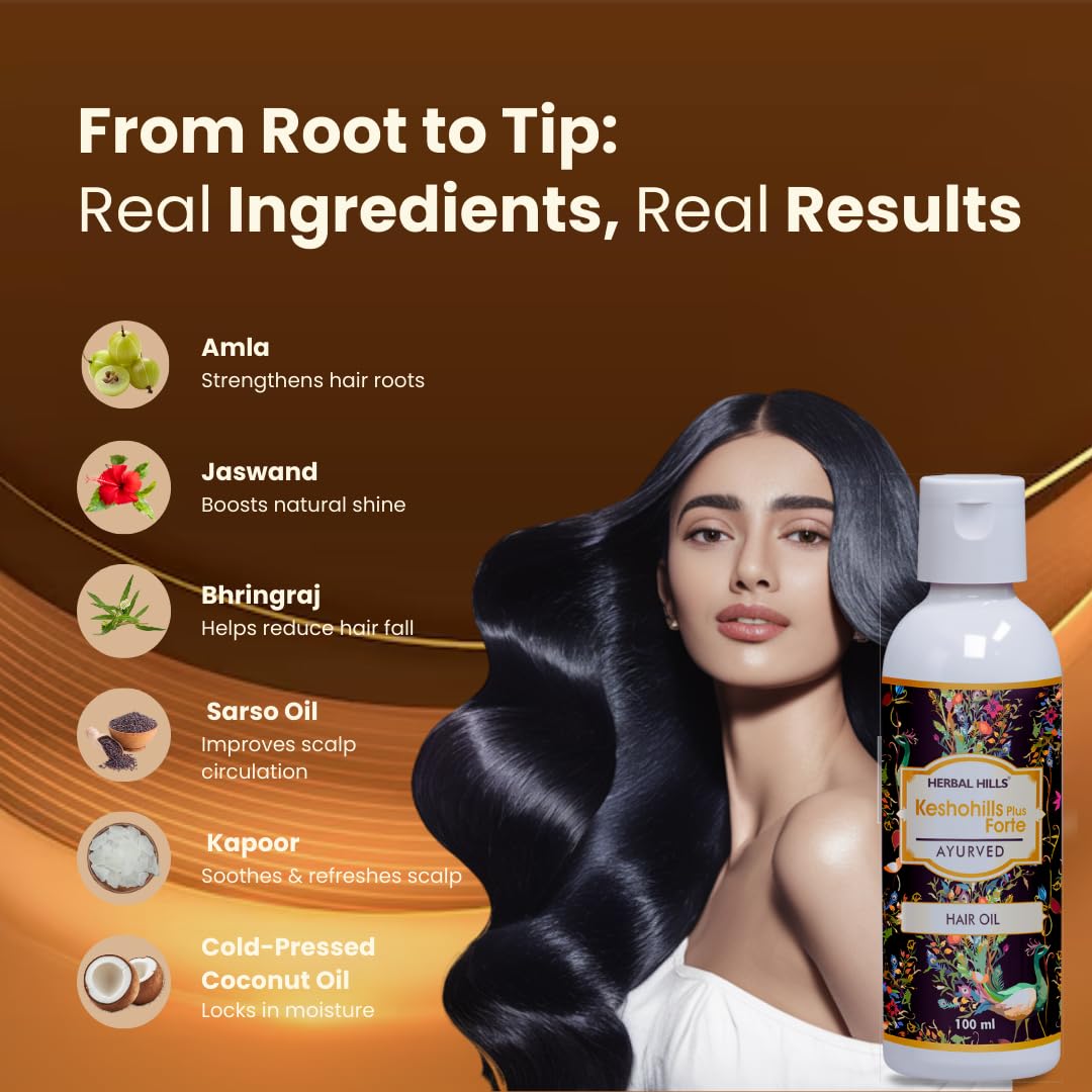 Herbal Hills Keshohills Plus Forte Ayurvedic Hair Oil 100ml - Natural Hair Growth Treatment for Thicker, Stronger Hair - Perfect for Daily Scalp Massage & Damaged Hair Repair