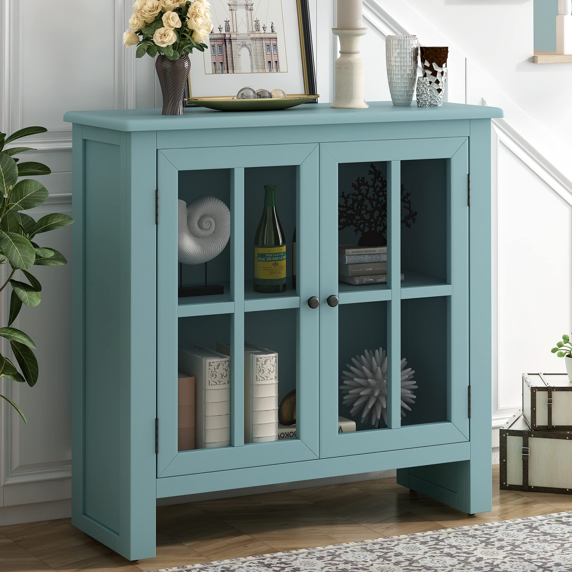 Modern Wood Storage Cabinet Buffet Table with 2 Glass Doors & Adjustable Shelf - Green Accent Sideboard for Living Room, Dining Room | Perfect for Home Organization & Displaying Decor Items