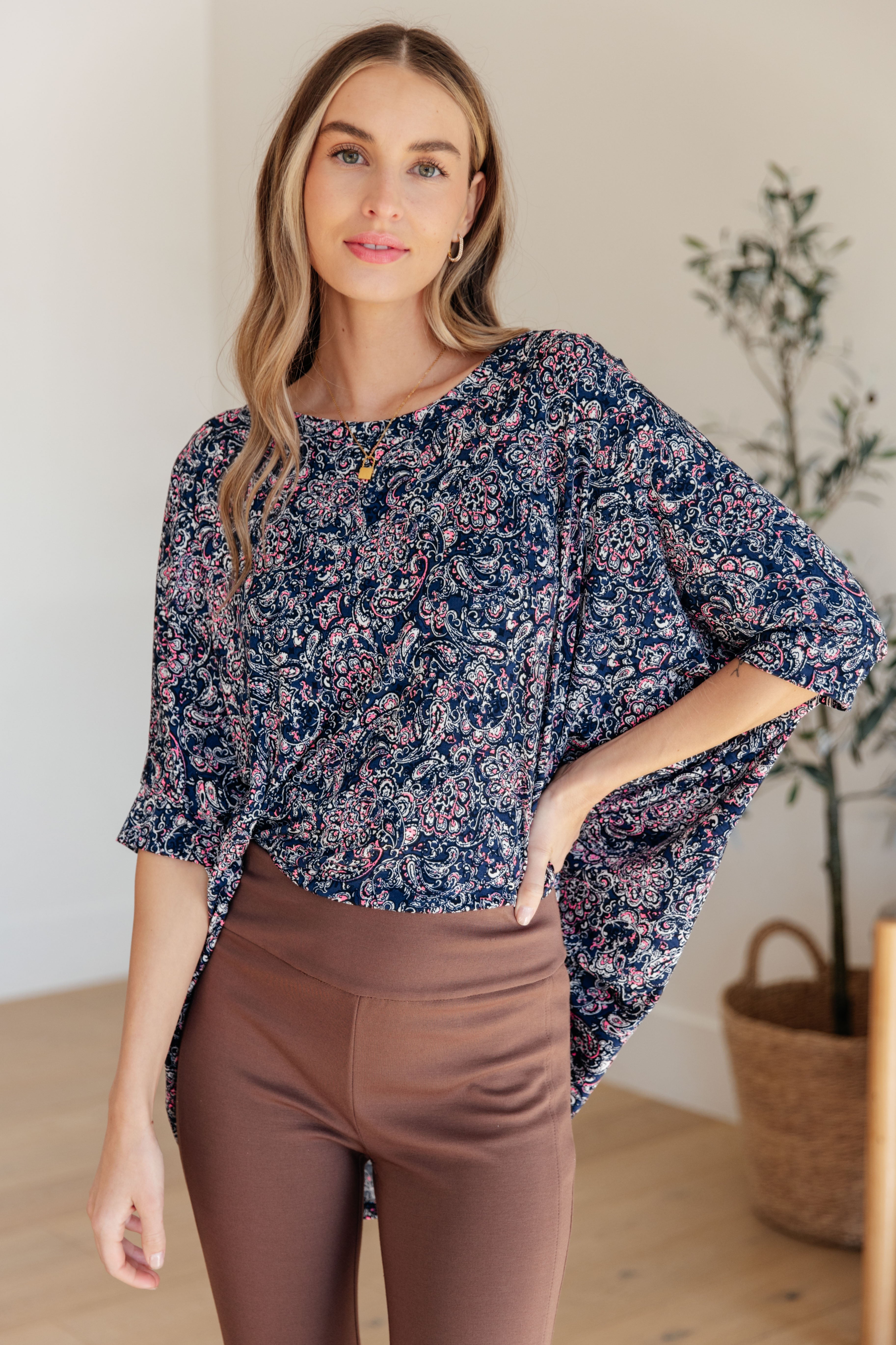 Dear Scarlett Navy Paisley Essential Blouse for Women - Flowy Casual Top with Short Sleeves - Perfect for Office, Date Night & Summer Outfits