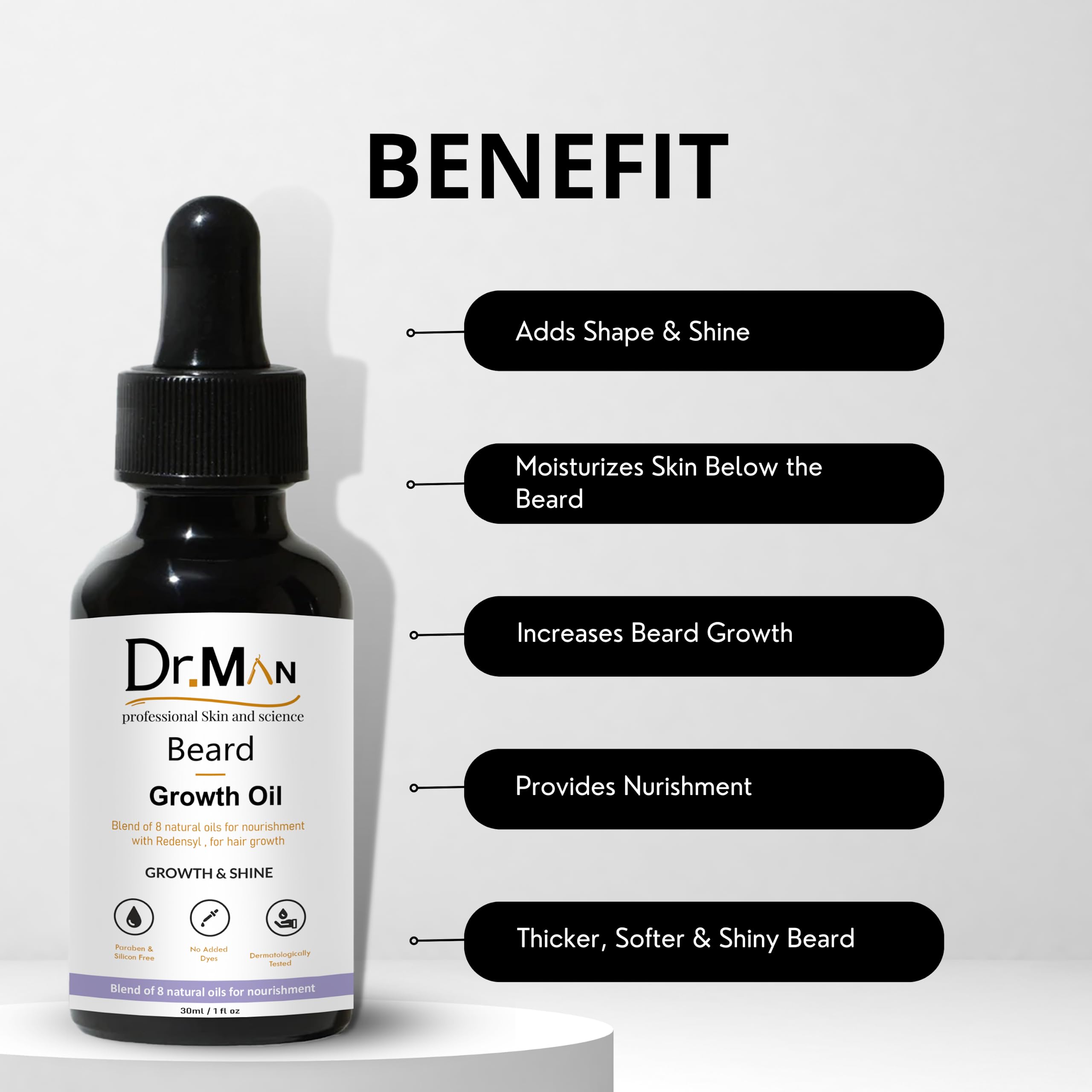 Dr.Man Professional Beard Growth & Shine Oil - 30ml Natural Beard Care for Men - Promotes Thicker, Healthier Facial Hair - Perfect for Daily Grooming & Styling Routine