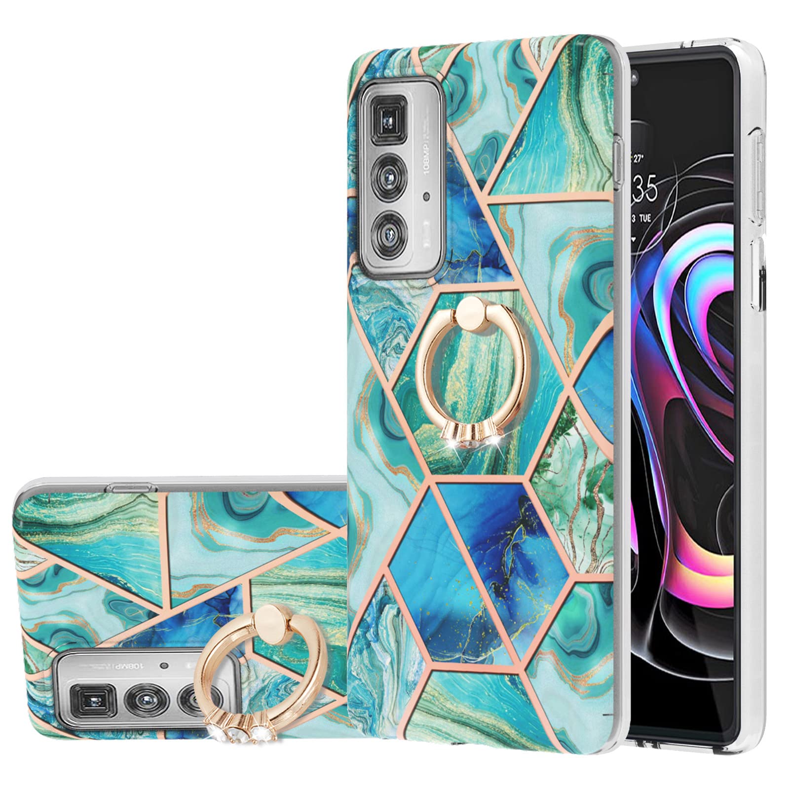 Stylish Shiny Marble TPU Slim Full-Body Protective Case with 360° Rotating Ring Kickstand for Motorola Edge 20 Pro - Green | Shockproof Phone Cover for Daily Use, Travel & Outdoor Activities