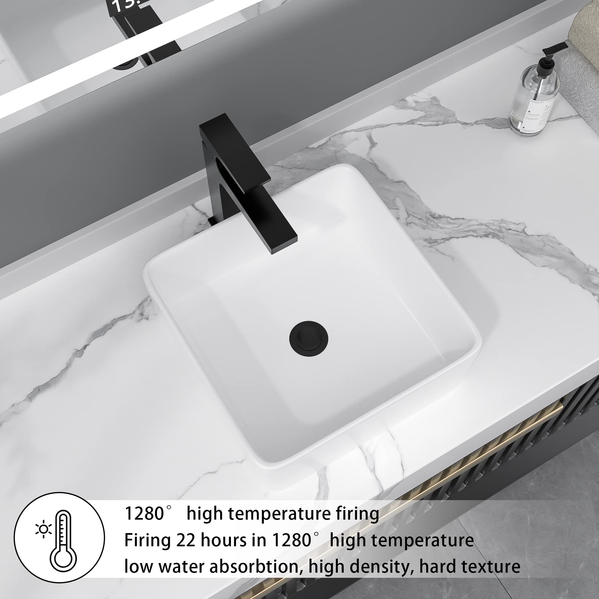 Donsdey 15x15 Inch White Square Vessel Sink - Ceramic Porcelain Above Counter Bathroom Vanity Sink Bowl for Modern & Contemporary Home Decor | Perfect for Powder Rooms, Guest Baths & Master Bathroom Renovations