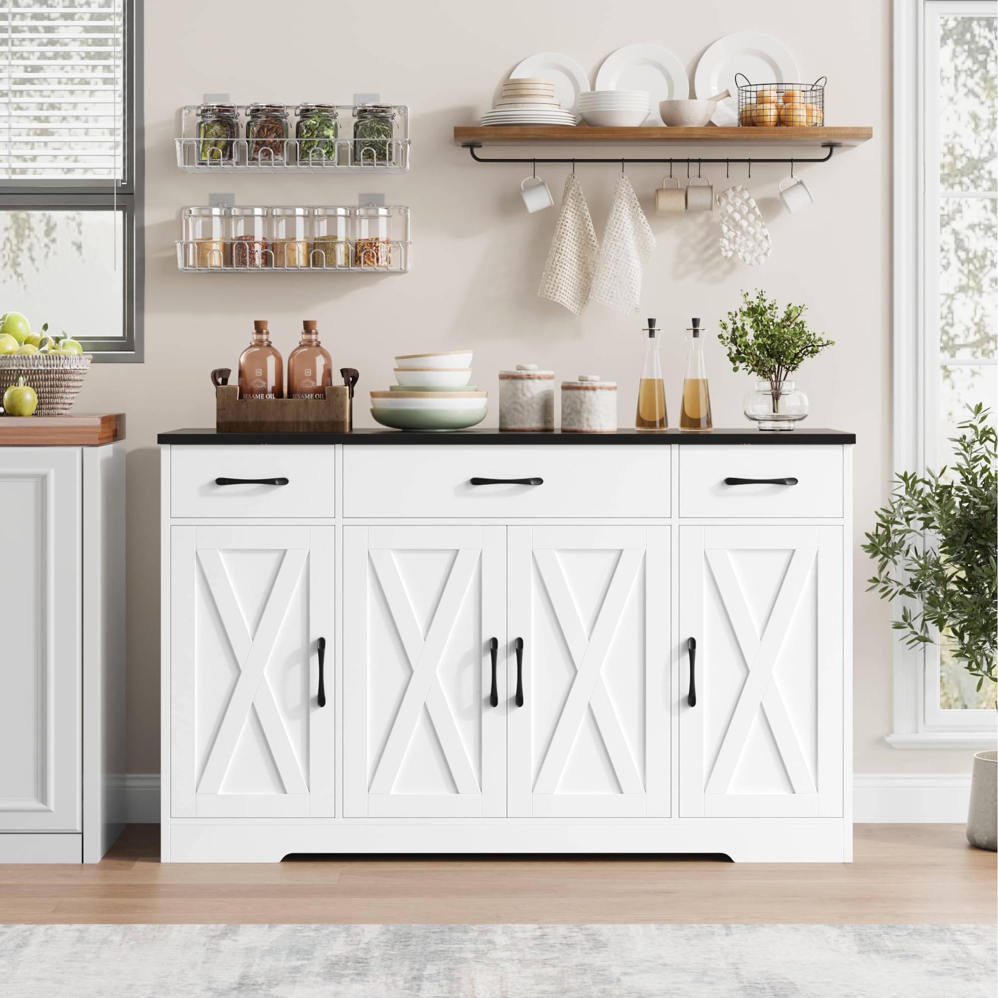 Modern Farmhouse Buffet Cabinet with Drawers & Shelves - 55