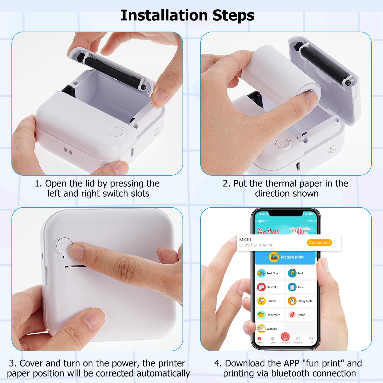 LINGSFIRE Mini Portable Bluetooth Thermal Printer - Wireless Inkless Pocket Printer with 10 Thermal Paper Rolls & 5 Pens for Photos, Notes, Memos | Perfect for Students, Journaling, Office Use & Travel Essentials
