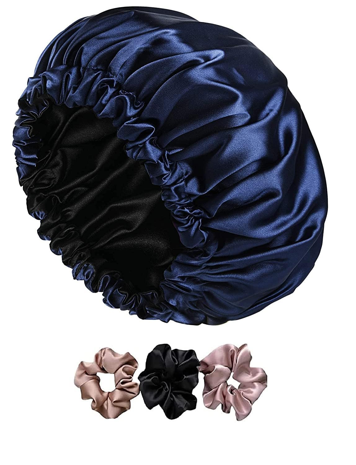 UVII Silk Hair Cap with 3 Satin Scrunchies - Adjustable Bonnet for Curly Hair, Sleeping & Slipping Prevention - Perfect for Nighttime Hair Care & Travel