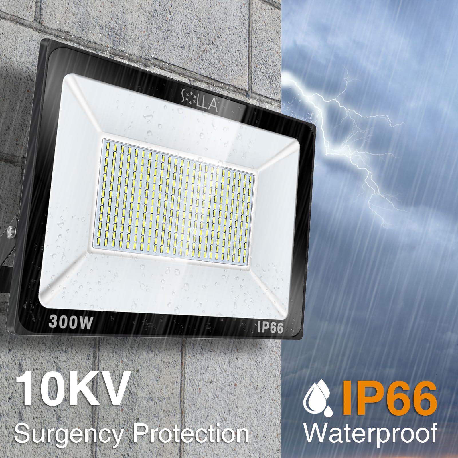 SOLLA 300W LED Flood Light - IP66 Waterproof, 24000 Lumens Super Bright (1600W Equivalent) - 6000K Daylight White Outdoor Security & Landscape Lighting for Parking Lots, Stadiums, Warehouses & Backyards